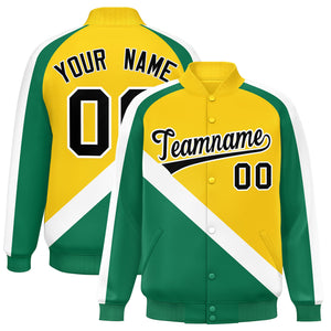 Custom Gold Kelly Green Raglan Sleeves Varsity Full-Snap Letterman Baseball Jacket