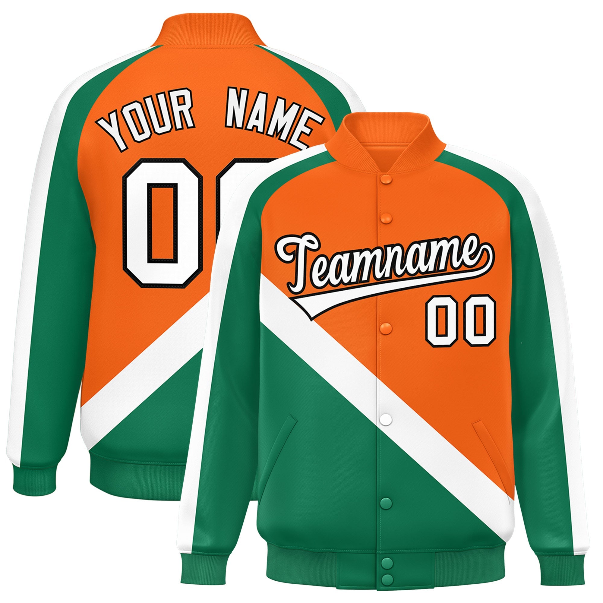 Custom Orange Kelly Green Raglan Sleeves Varsity Full-Snap Letterman Baseball Jacket