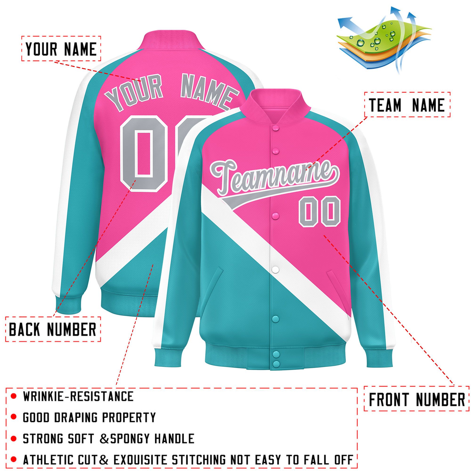 Custom Pink Aqua Raglan Sleeves Varsity Full-Snap Letterman Baseball Jacket