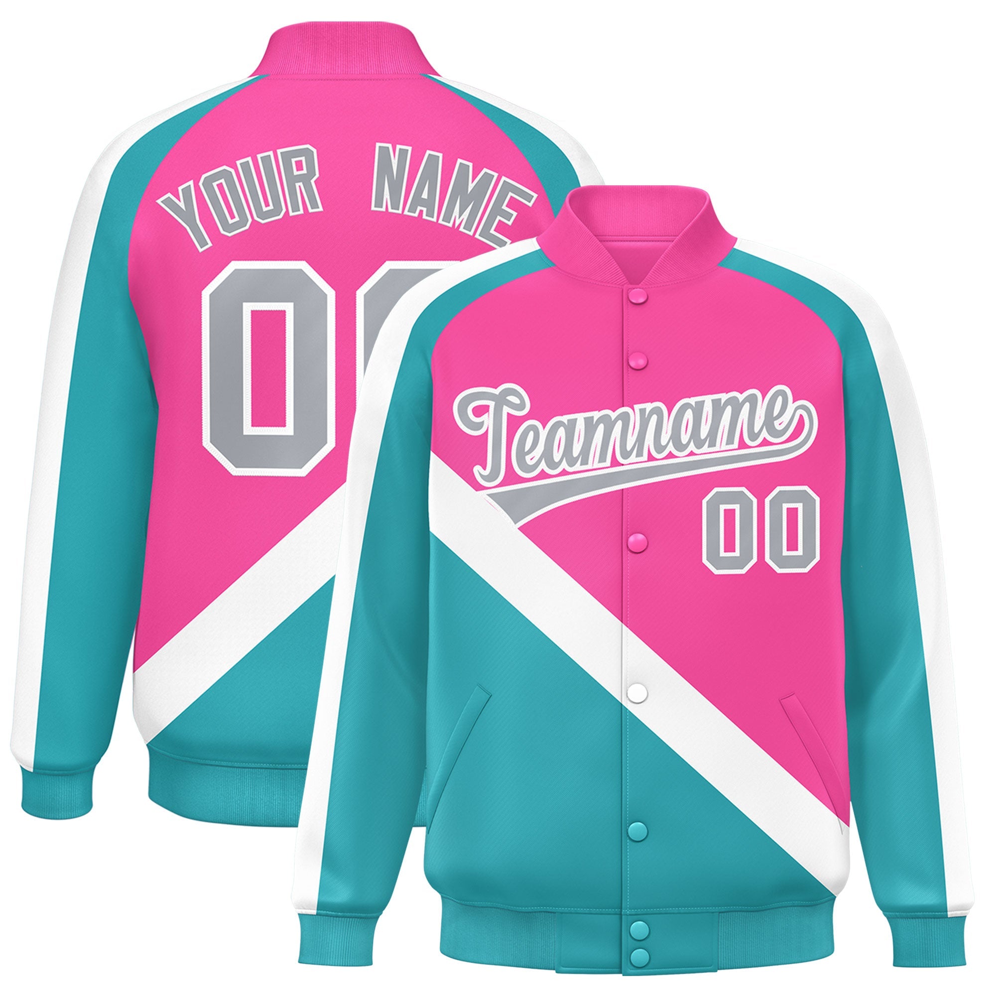 Custom Pink Aqua Raglan Sleeves Varsity Full-Snap Letterman Baseball Jacket