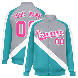 Custom Gray Aqua Raglan Sleeves Varsity Full-Snap Letterman Baseball Jacket