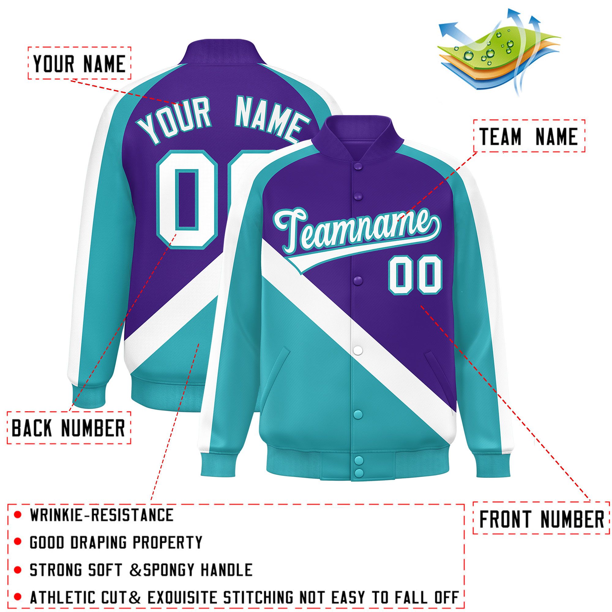 Custom Purple Aqua Raglan Sleeves Varsity Full-Snap Letterman Baseball Jacket