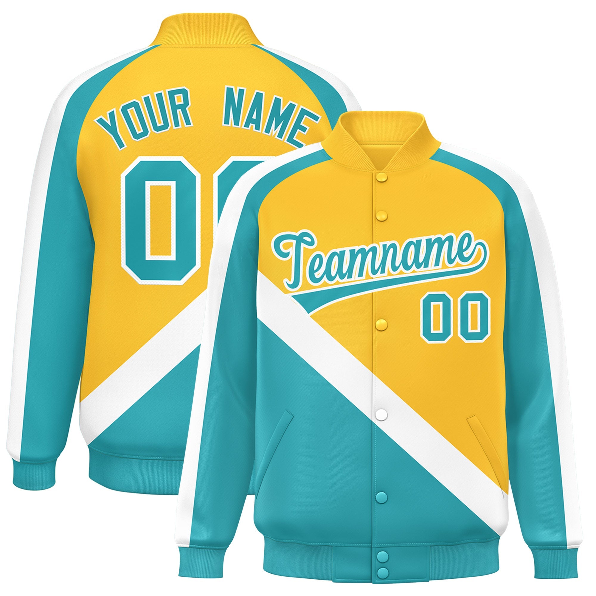 Custom Gold Aqua Raglan Sleeves Varsity Full-Snap Letterman Baseball Jacket