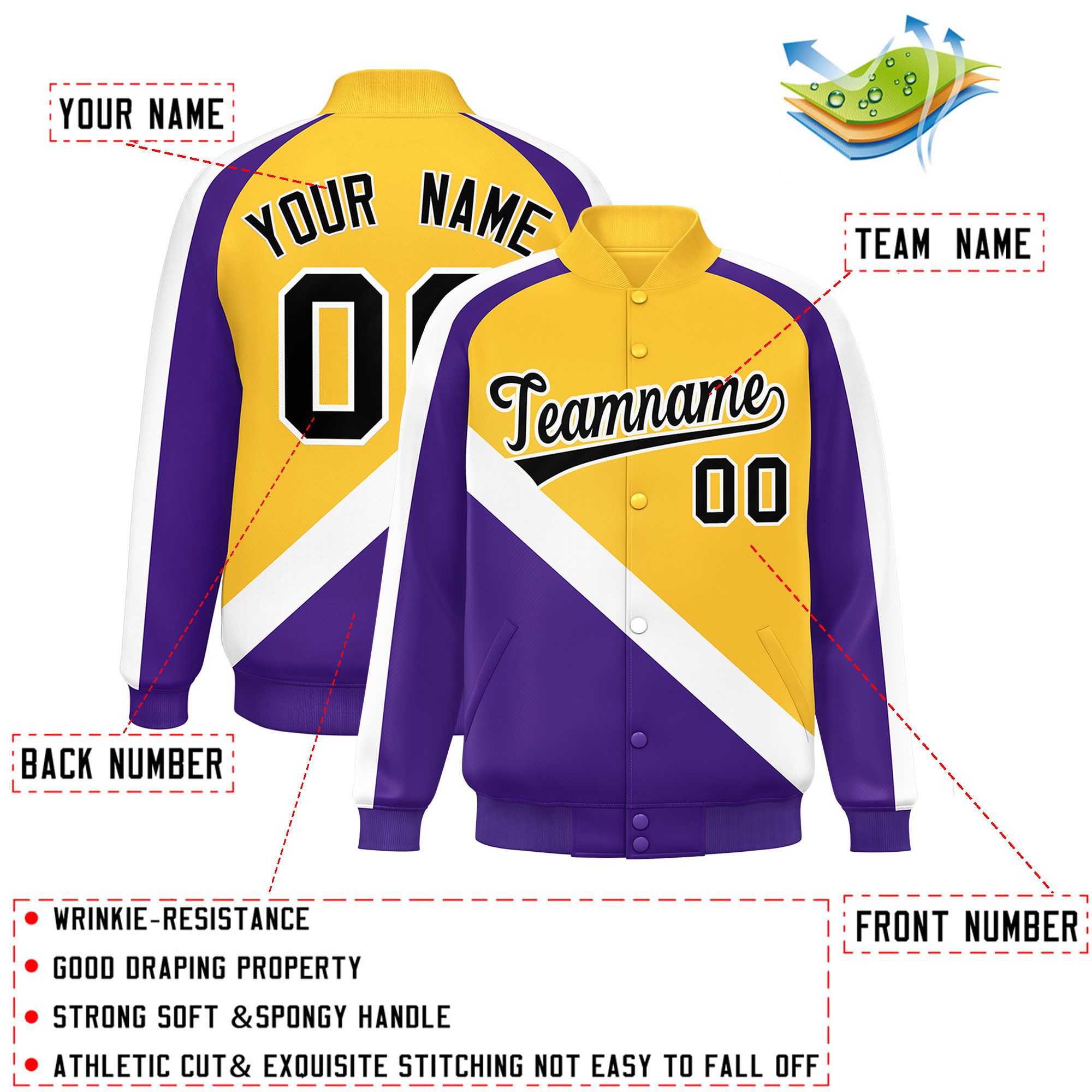 Custom Gold Purple Raglan Sleeves Varsity Full-Snap Letterman Baseball Jacket