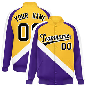 Custom Gold Purple Raglan Sleeves Varsity Full-Snap Letterman Baseball Jacket