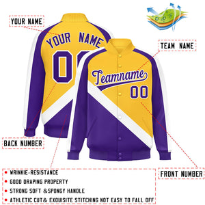 Custom Gold Purple Raglan Sleeves Varsity Full-Snap Letterman Baseball Jacket