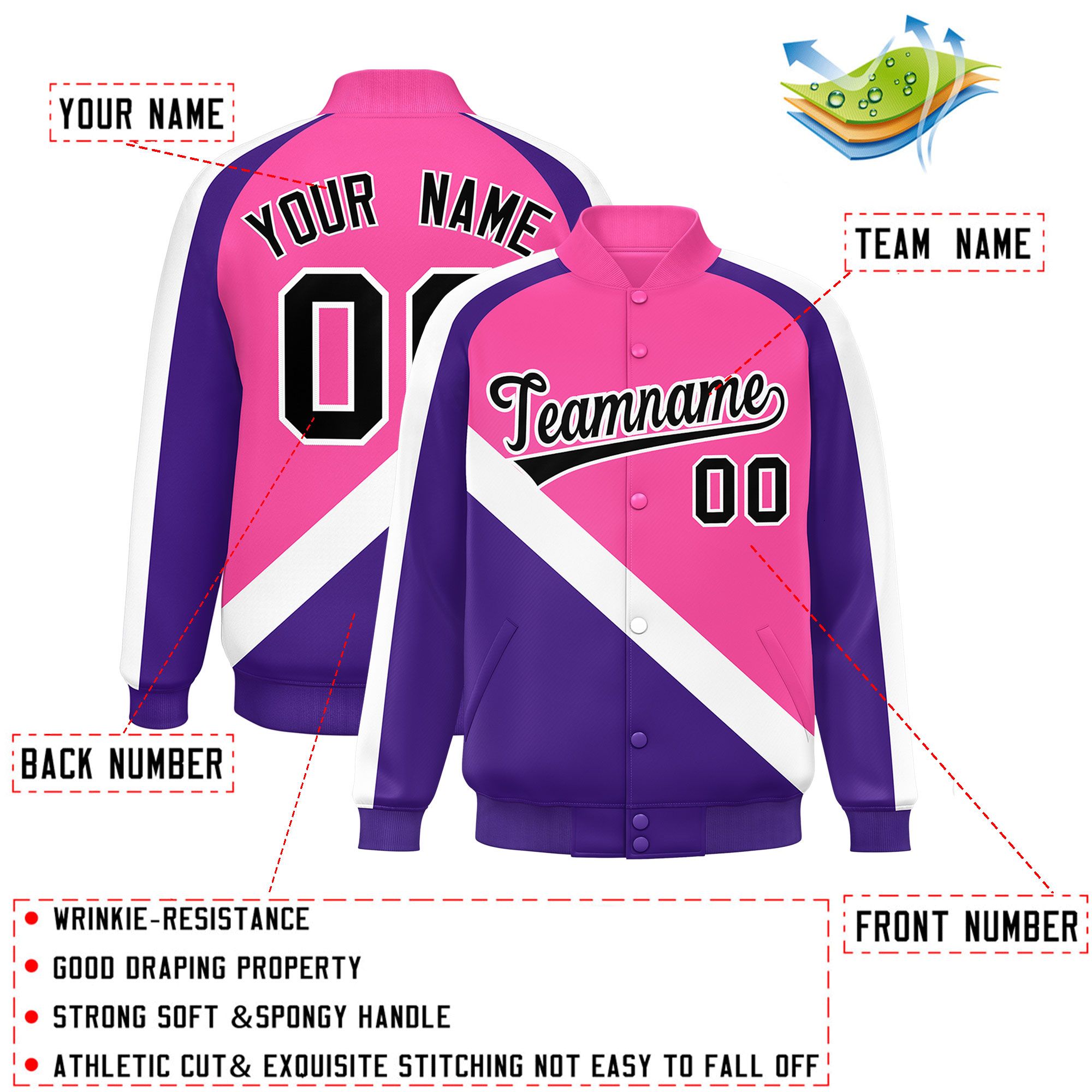 Custom Pink Purple Raglan Sleeves Varsity Full-Snap Letterman Baseball Jacket