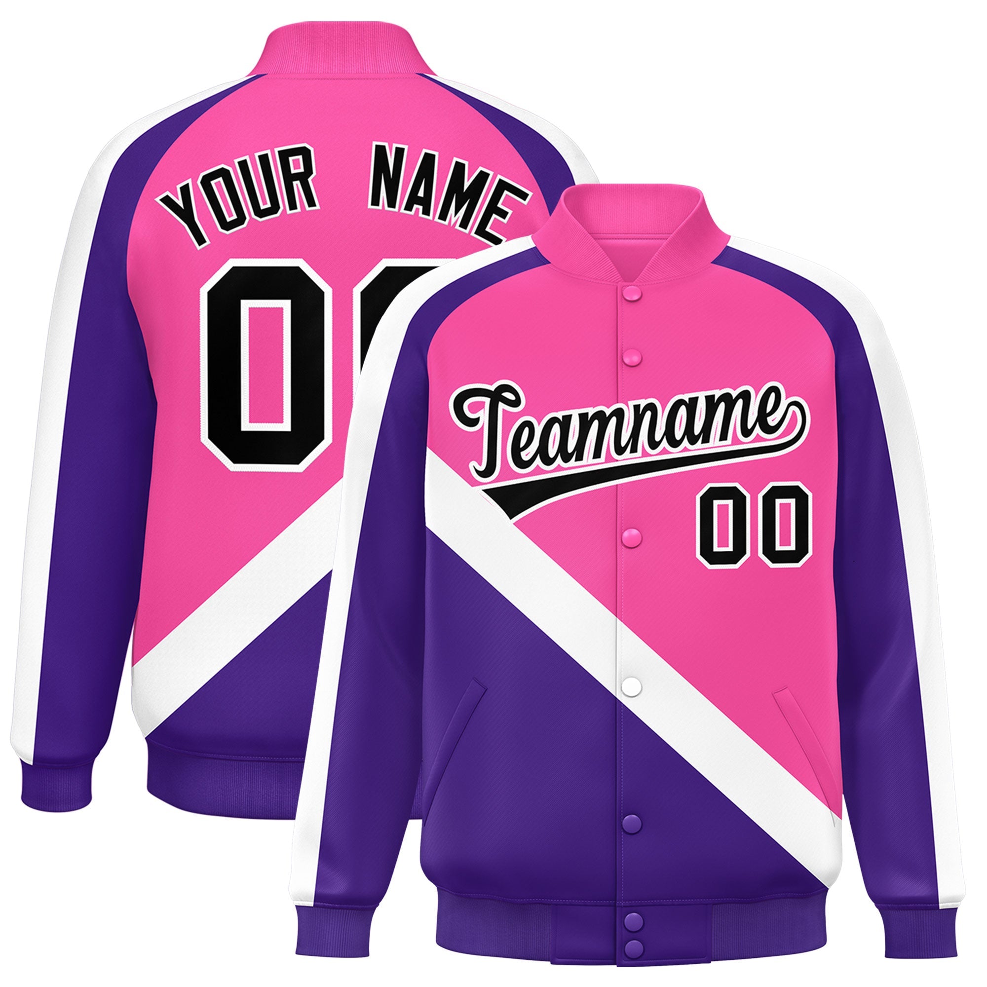 Custom Pink Purple Raglan Sleeves Varsity Full-Snap Letterman Baseball Jacket