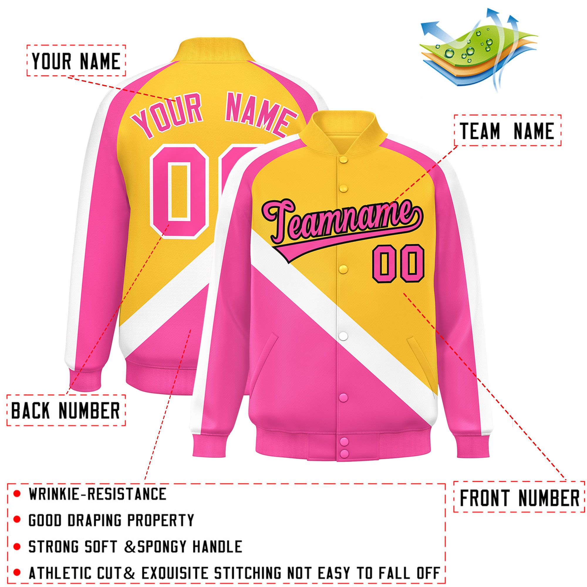 Custom Gold Pink Raglan Sleeves Varsity Full-Snap Letterman Baseball Jacket