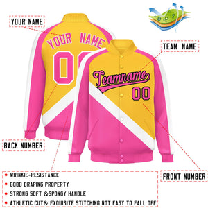 Custom Gold Pink Raglan Sleeves Varsity Full-Snap Letterman Baseball Jacket