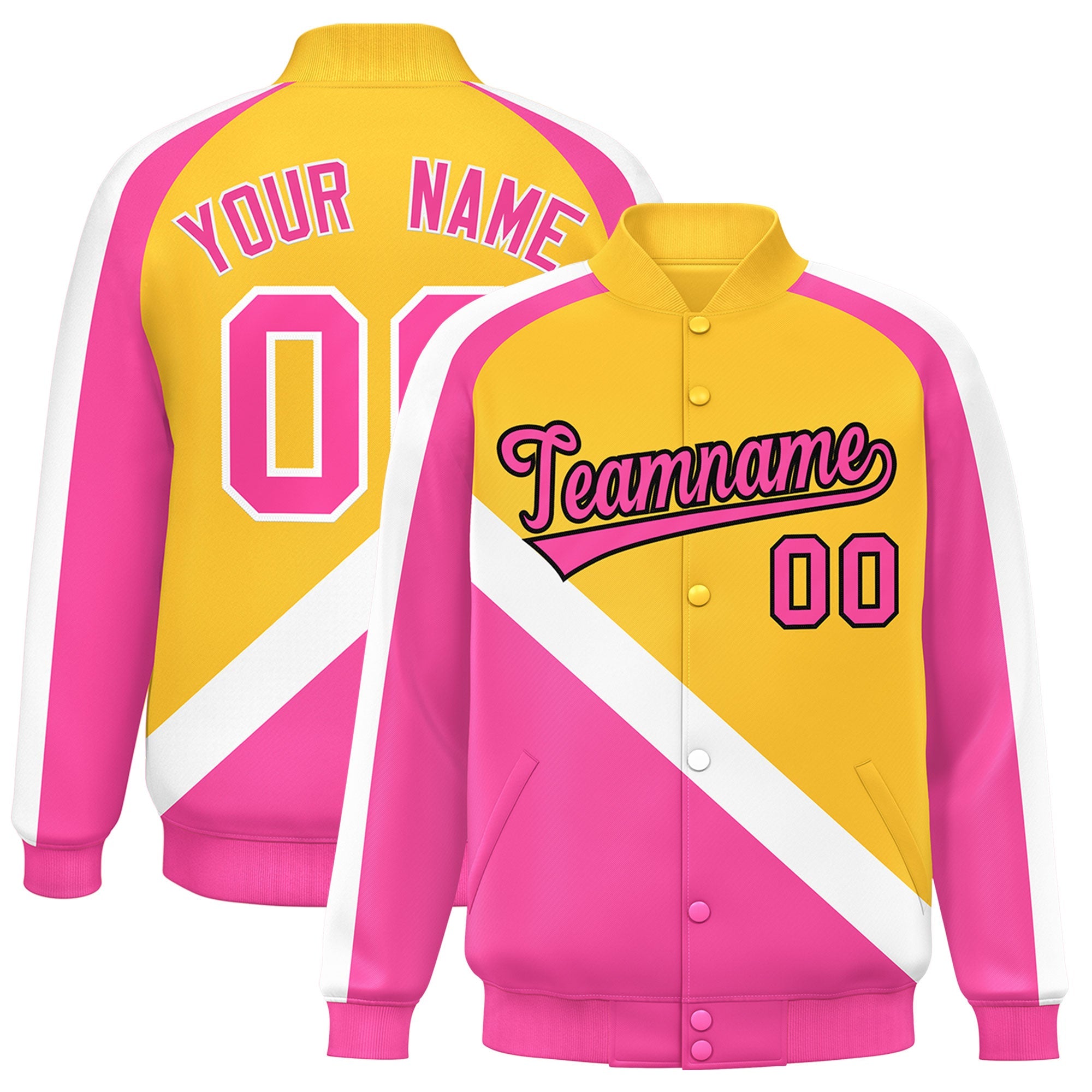 Custom Gold Pink Raglan Sleeves Varsity Full-Snap Letterman Baseball Jacket