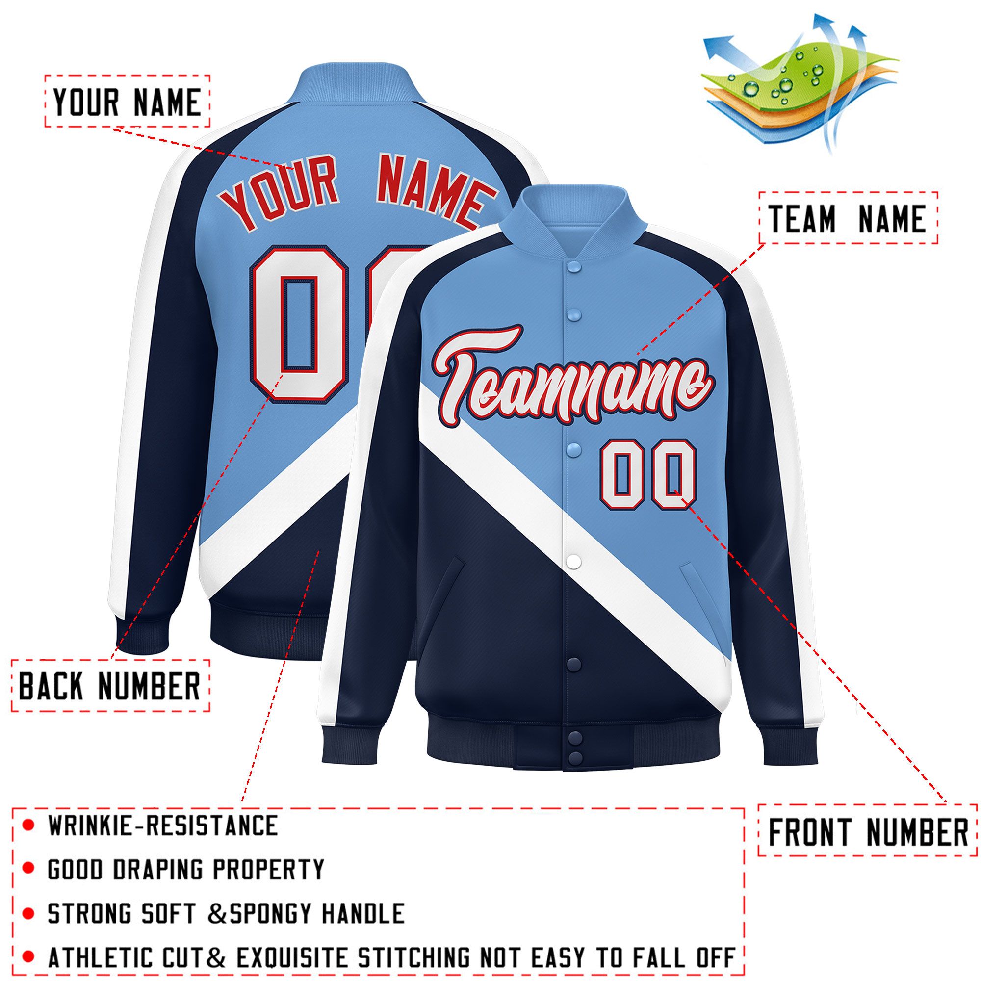 Custom Light Blue Navy Raglan Sleeves Varsity Full-Snap Letterman Baseball Jacket