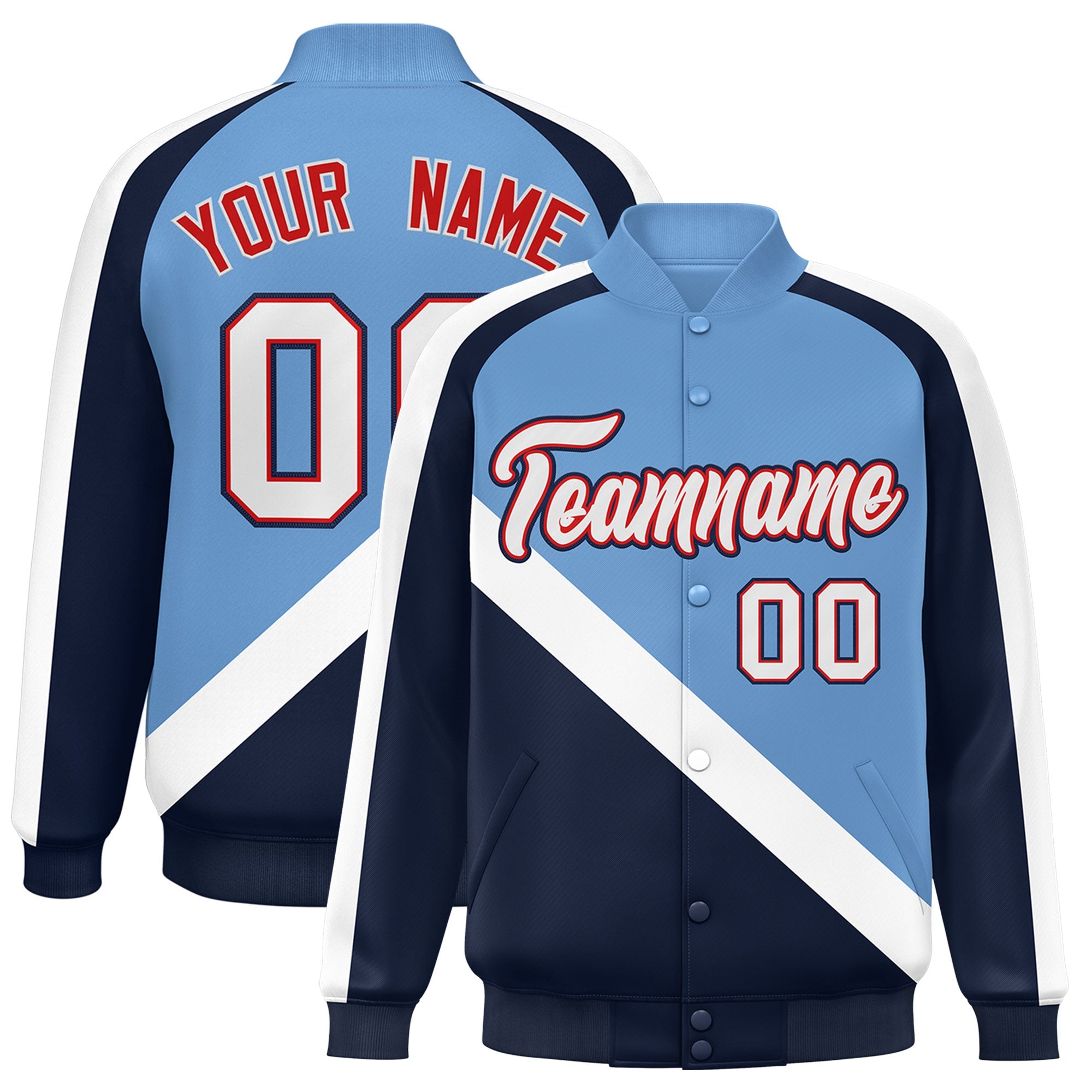 Custom Light Blue Navy Raglan Sleeves Varsity Full-Snap Letterman Baseball Jacket