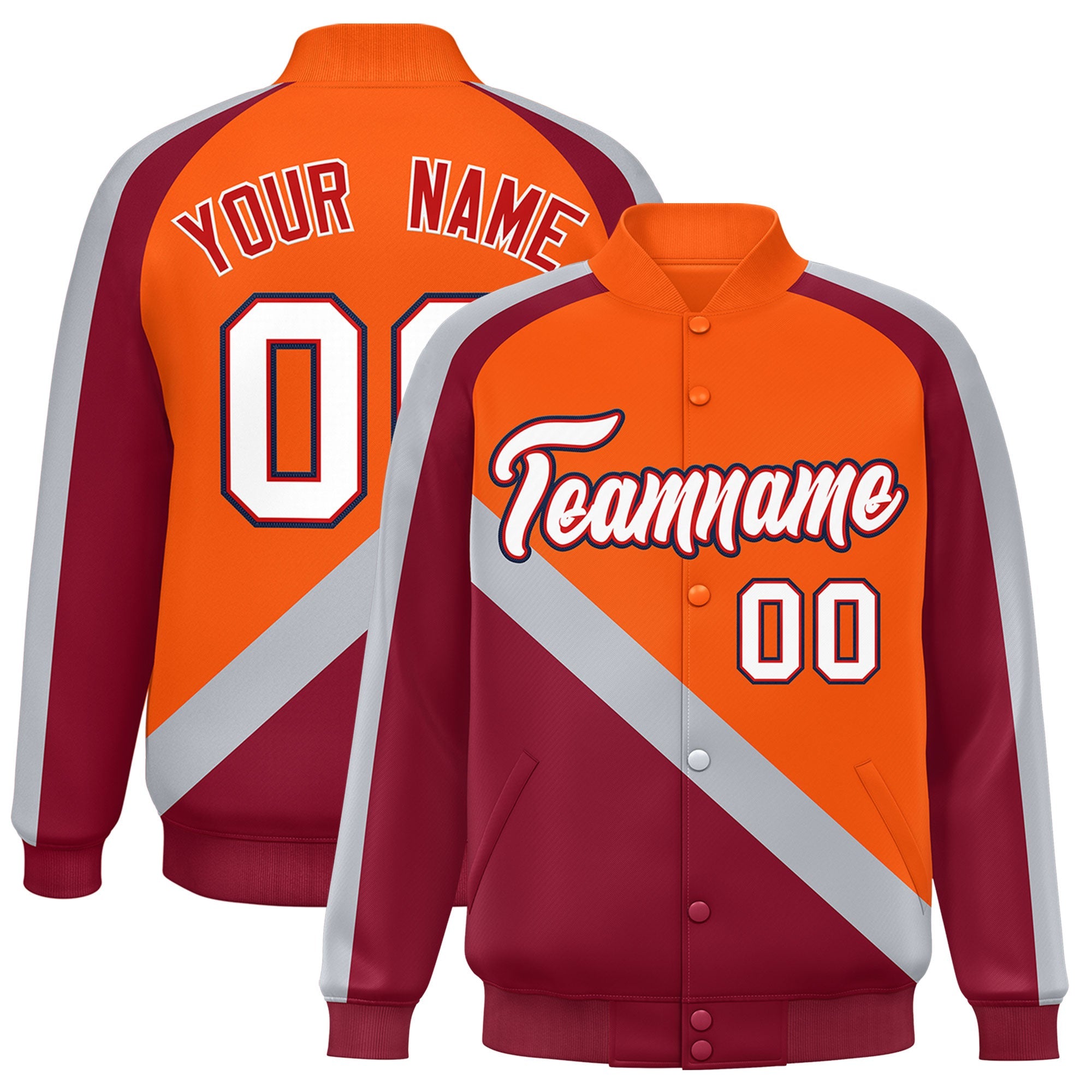 Custom Orange Crimson Raglan Sleeves Varsity Full-Snap Letterman Baseball Jacket