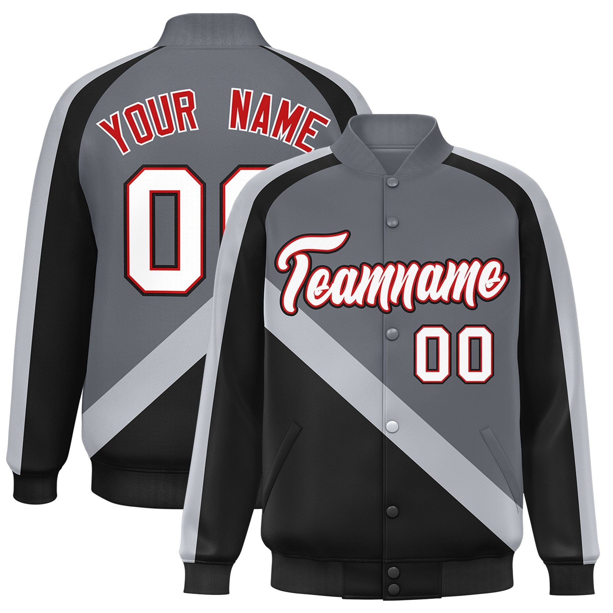 Custom Dark Gray Black Raglan Sleeves Varsity Full-Snap Letterman Baseball Jacket