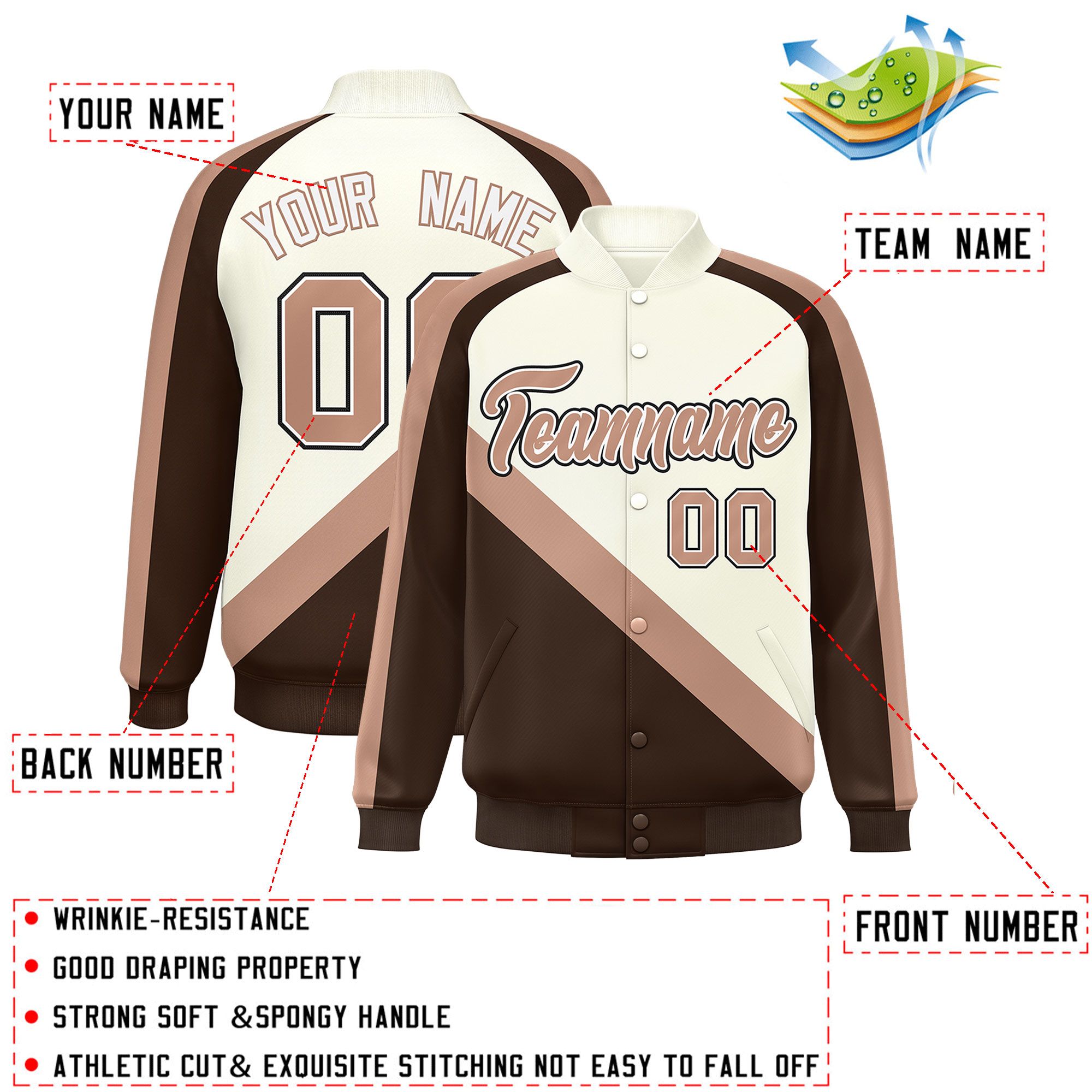 Custom Cream Brown Raglan Sleeves Varsity Full-Snap Letterman Baseball Jacket