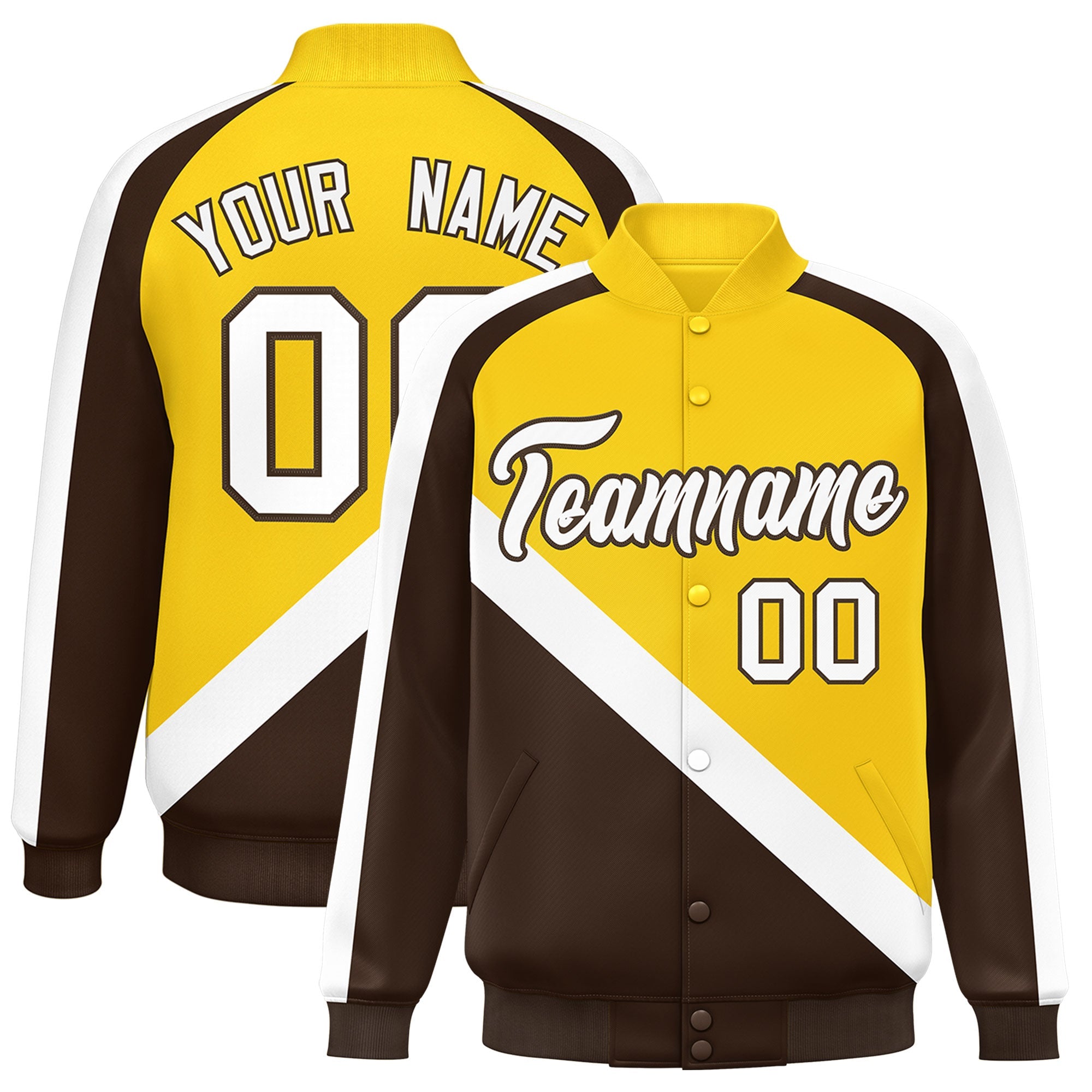 Custom Gold Brown Raglan Sleeves Varsity Full-Snap Letterman Baseball Jacket