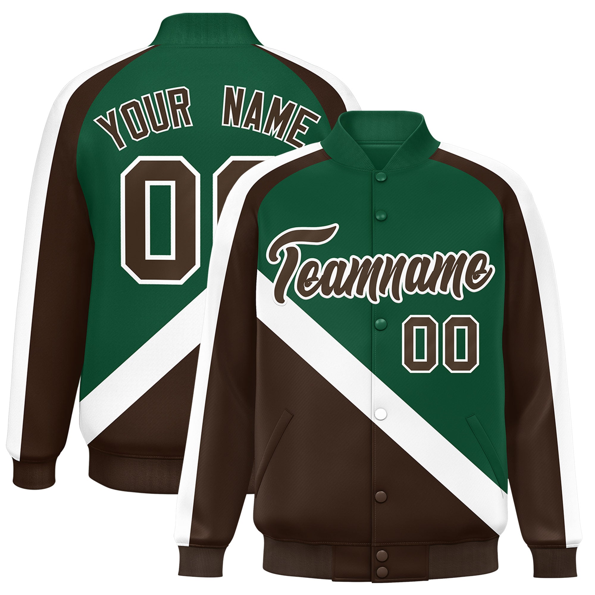 Custom Green Brown Raglan Sleeves Varsity Full-Snap Letterman Baseball Jacket