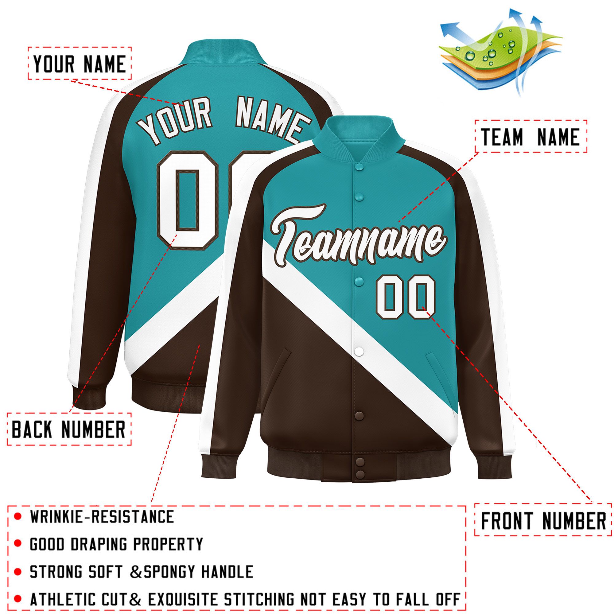 Custom Aqua Brown Raglan Sleeves Varsity Full-Snap Letterman Baseball Jacket