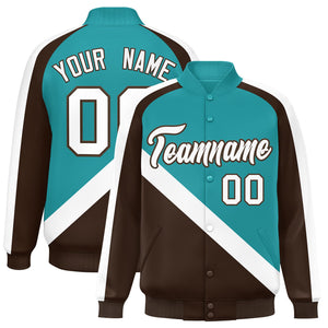 Custom Aqua Brown Raglan Sleeves Varsity Full-Snap Letterman Baseball Jacket