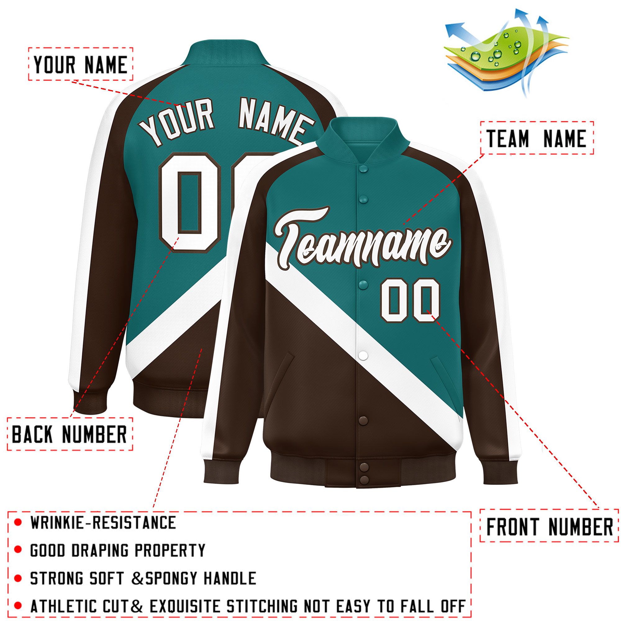 Custom Aqua Brown Raglan Sleeves Varsity Full-Snap Letterman Baseball Jacket