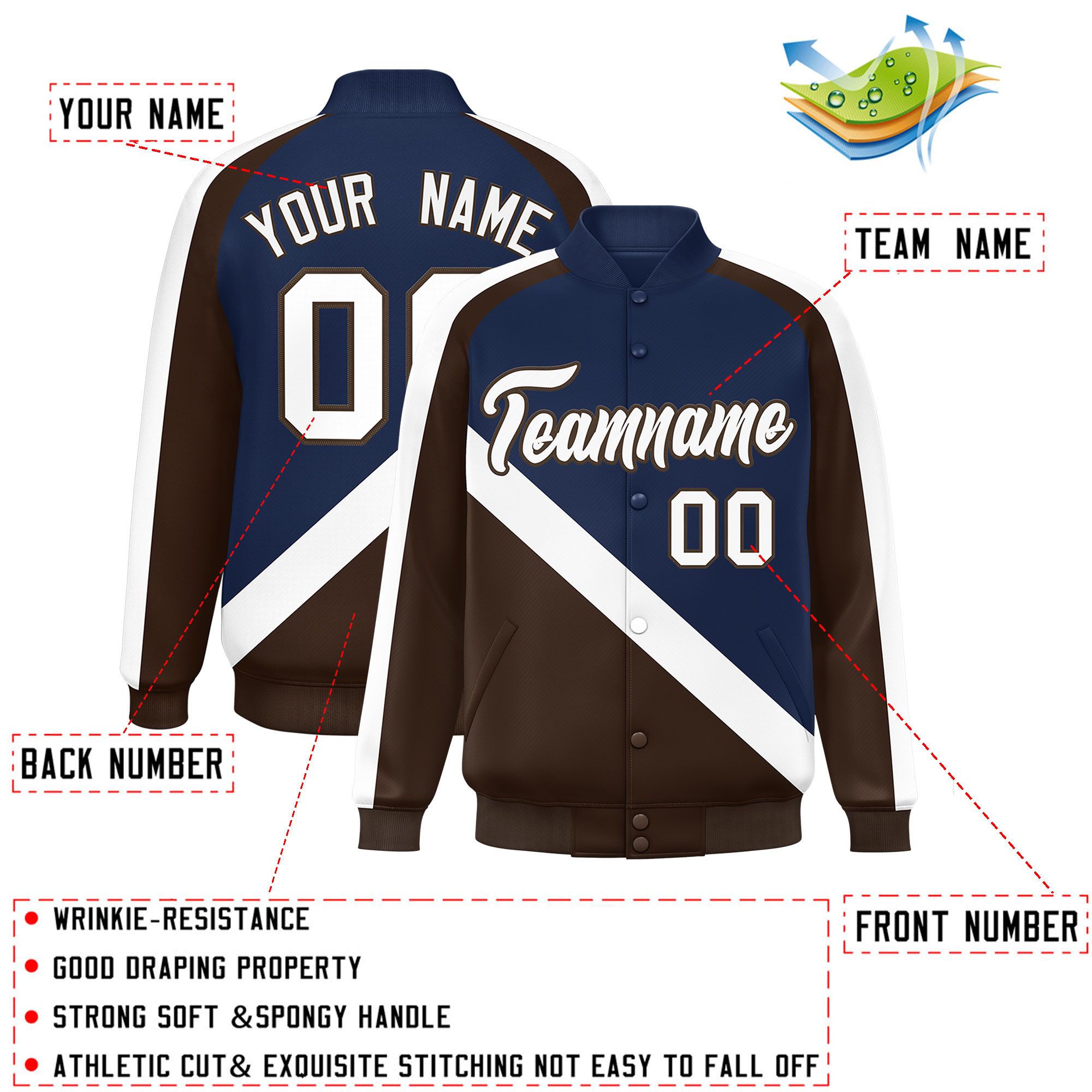 Custom Navy Brown Raglan Sleeves Varsity Full-Snap Letterman Baseball Jacket