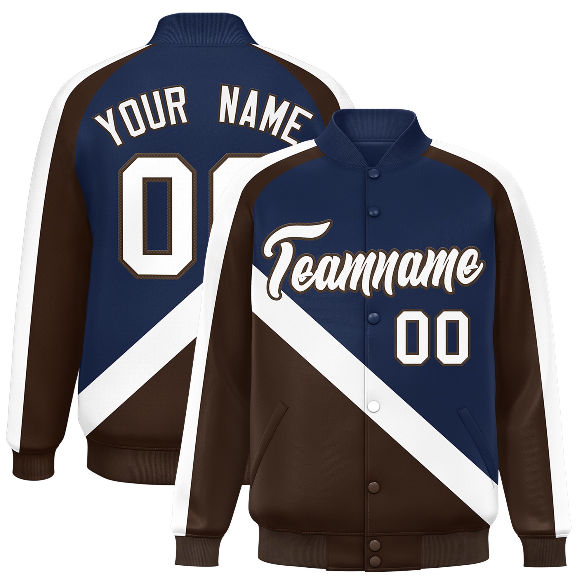 Custom Navy Brown Raglan Sleeves Varsity Full-Snap Letterman Baseball Jacket