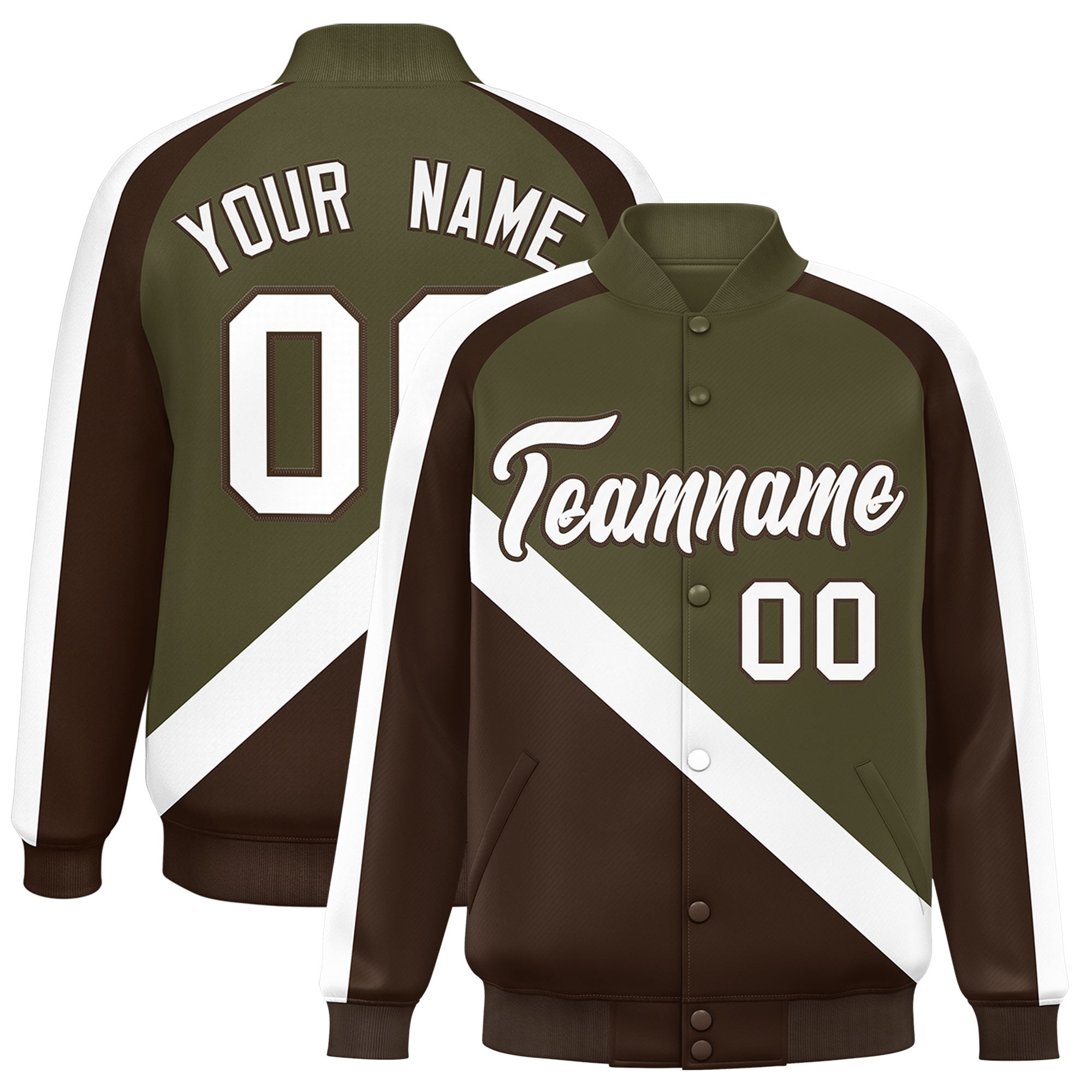 Custom Olive Brown Raglan Sleeves Varsity Full-Snap Letterman Baseball Jacket