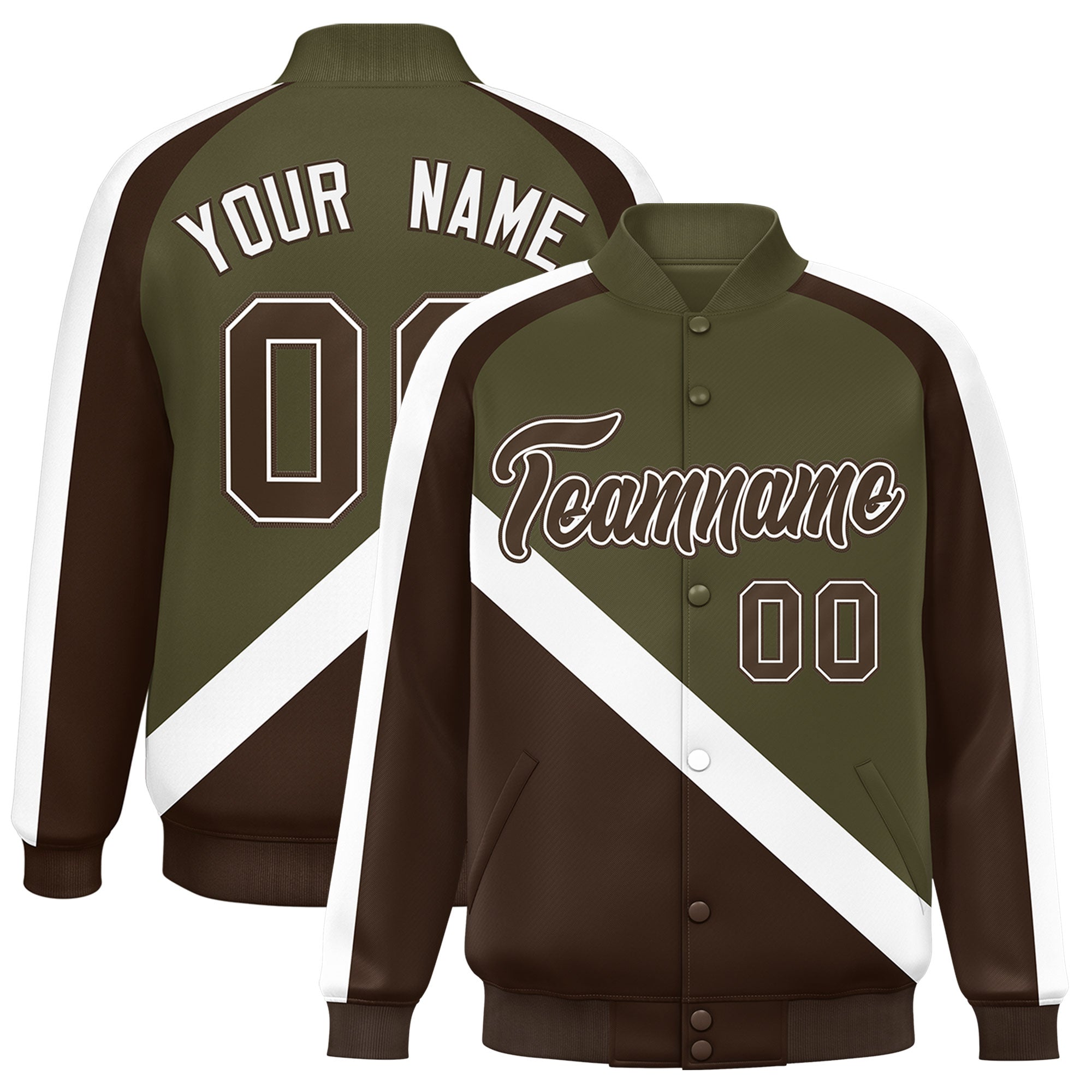 Custom Olive Brown Raglan Sleeves Varsity Full-Snap Letterman Baseball Jacket