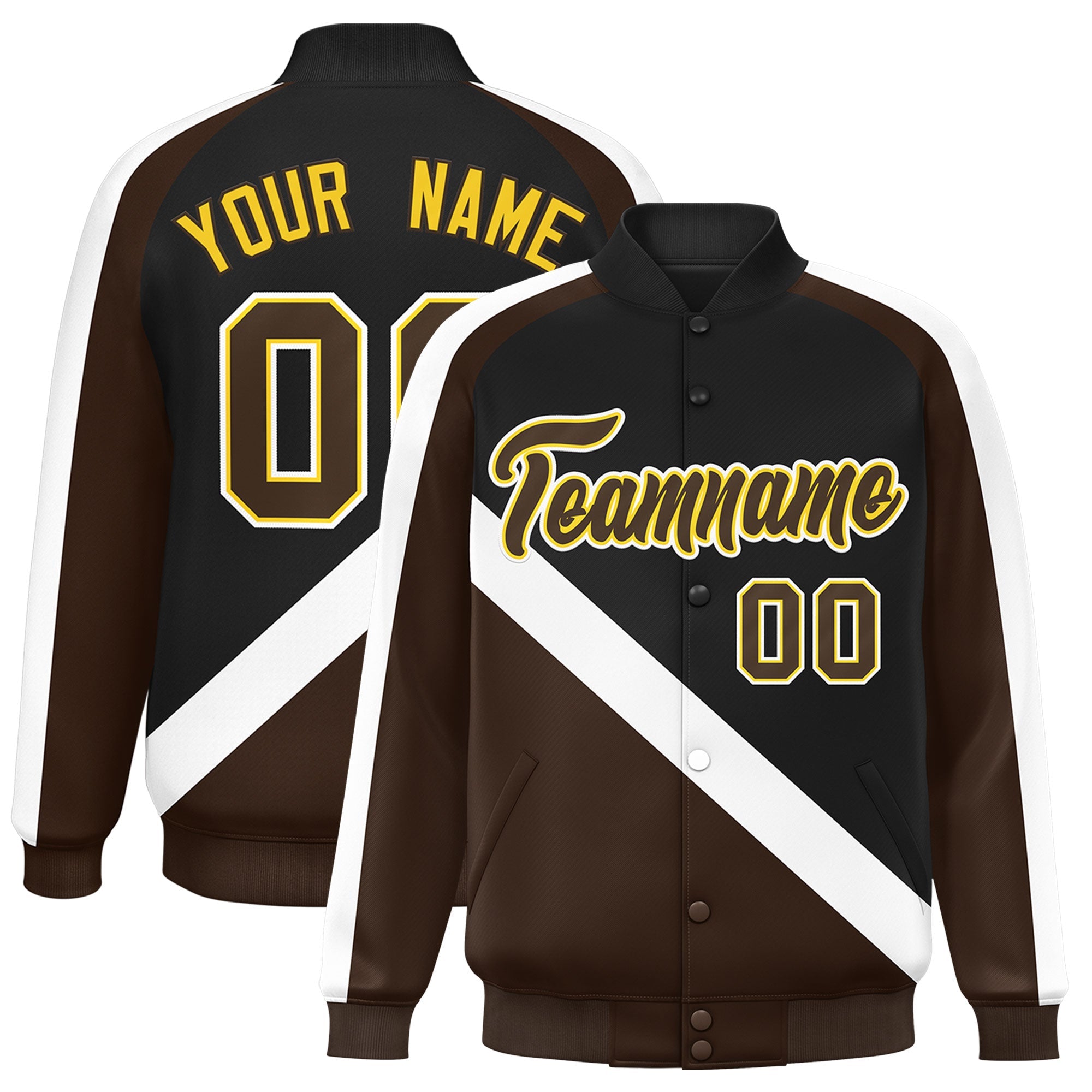 Custom Black Brown Raglan Sleeves Varsity Full-Snap Letterman Baseball Jacket