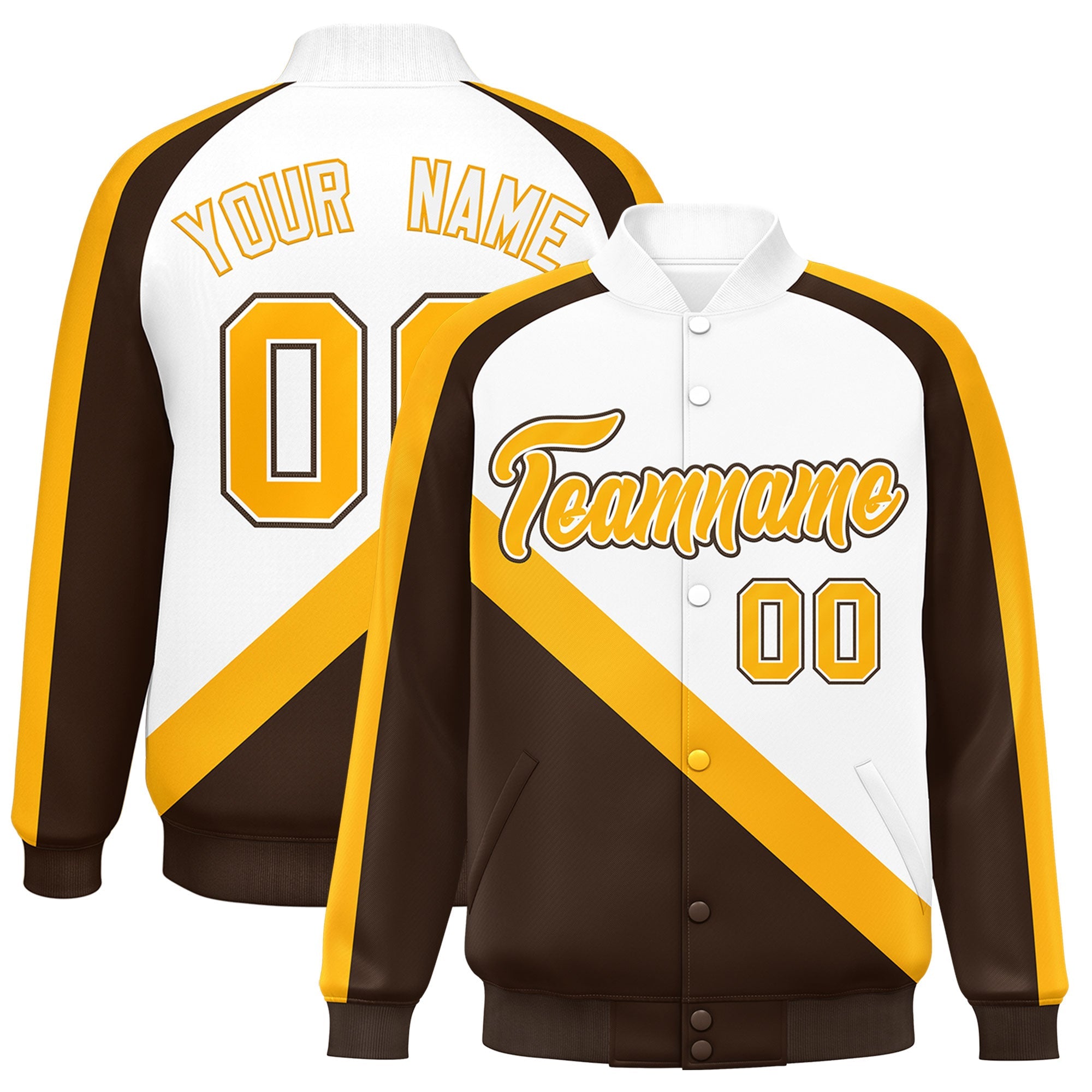 Custom White Brown Raglan Sleeves Varsity Full-Snap Letterman Baseball Jacket