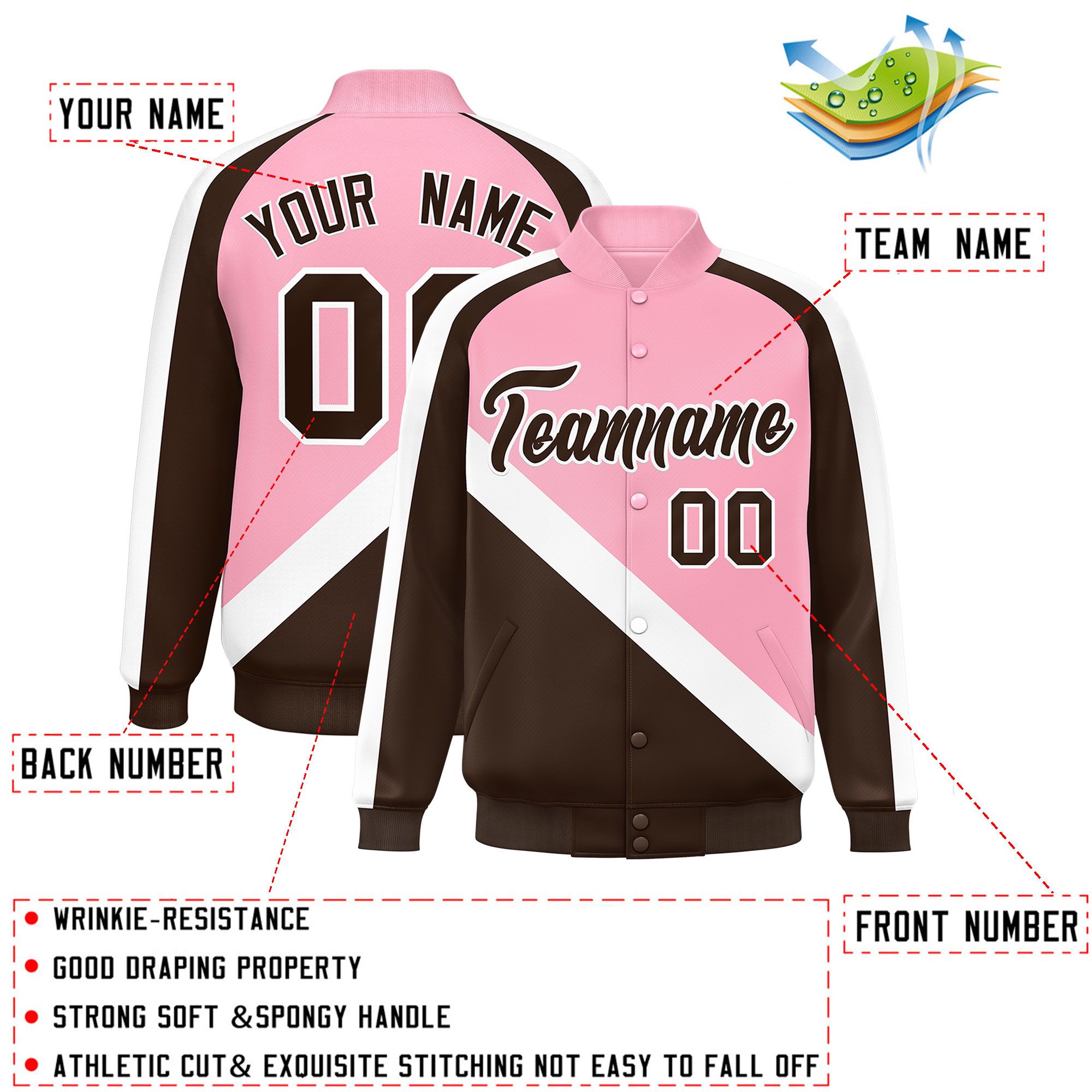 Custom Light Pink Brown Raglan Sleeves Varsity Full-Snap Letterman Baseball Jacket