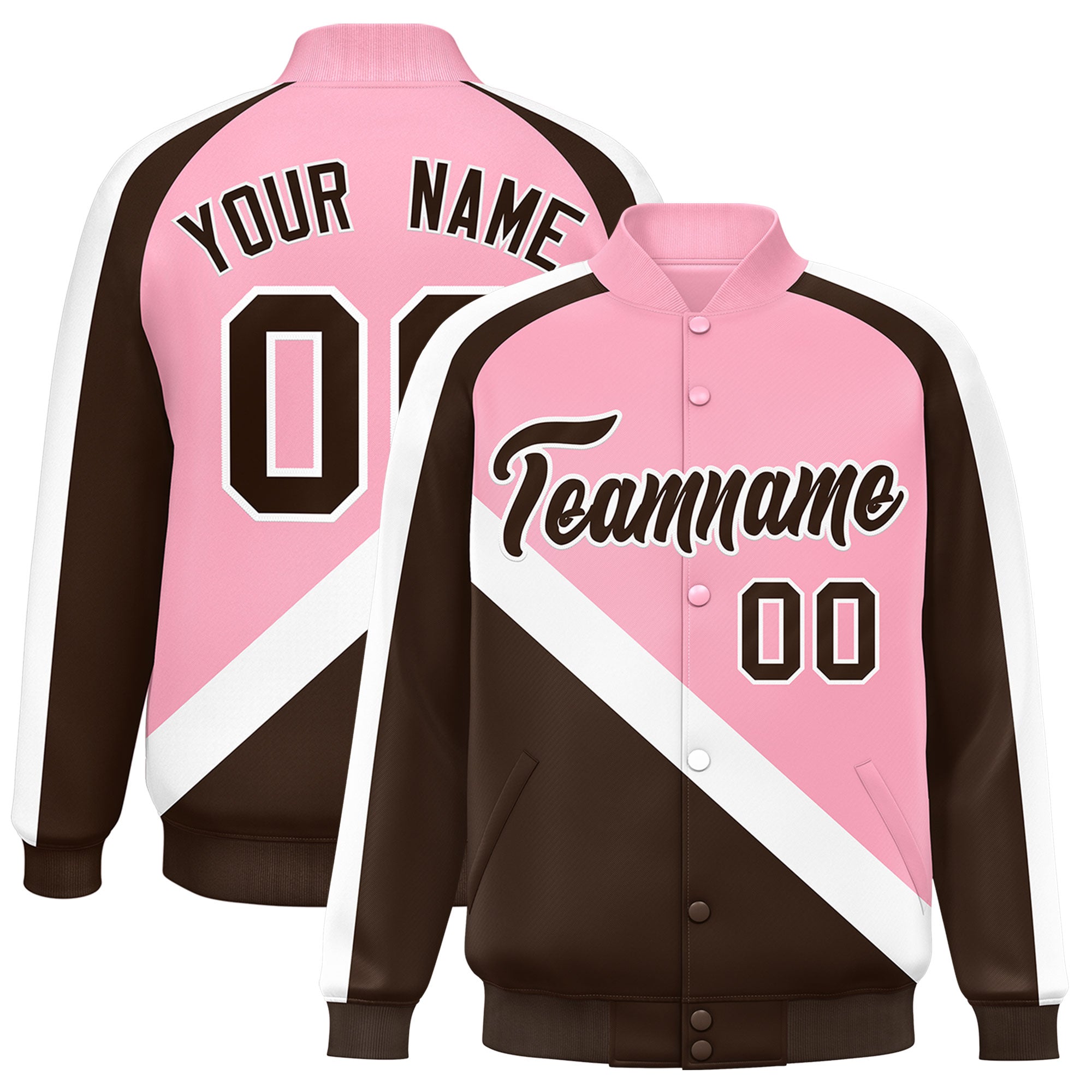 Custom Light Pink Brown Raglan Sleeves Varsity Full-Snap Letterman Baseball Jacket