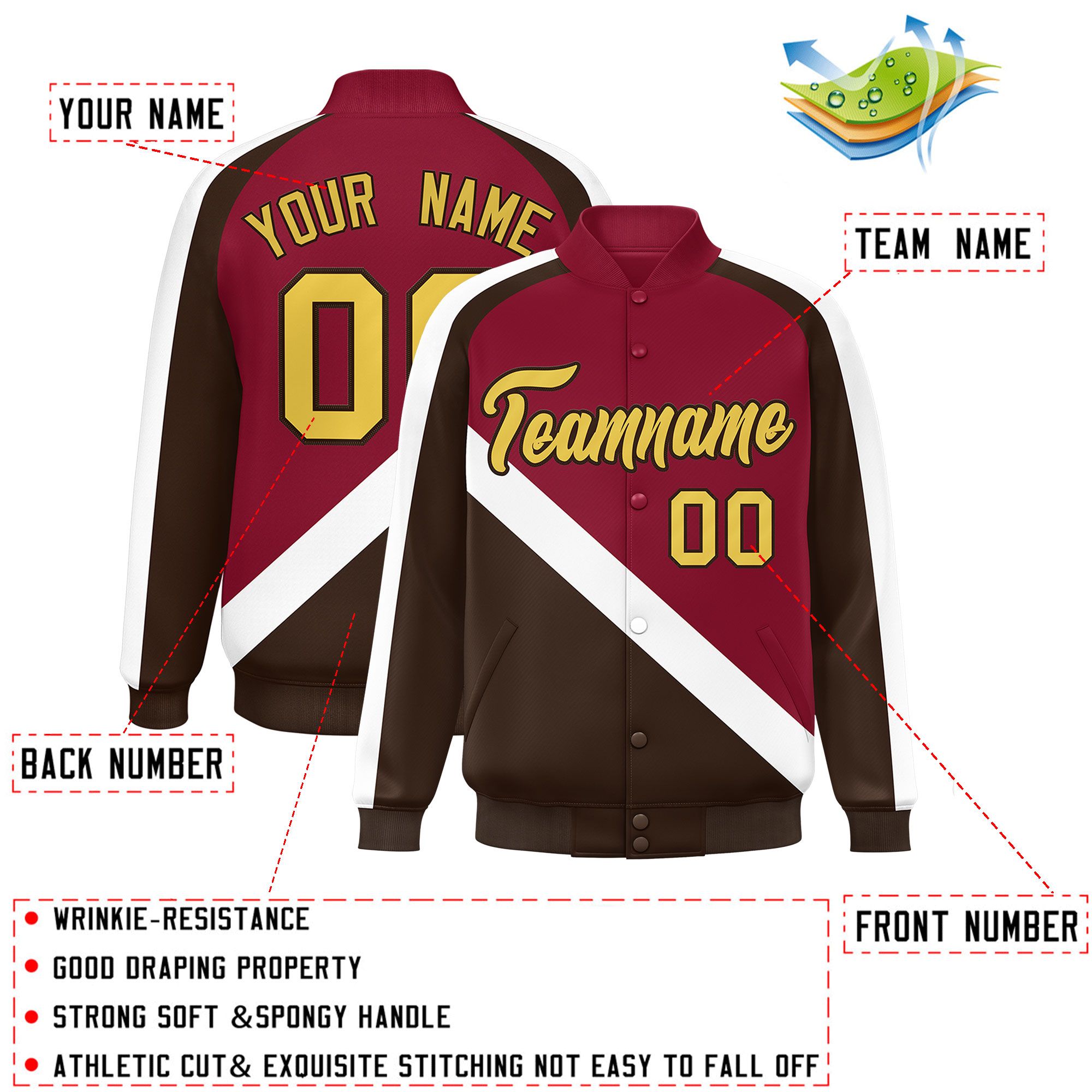 Custom Crimson Brown Raglan Sleeves Varsity Full-Snap Letterman Baseball Jacket