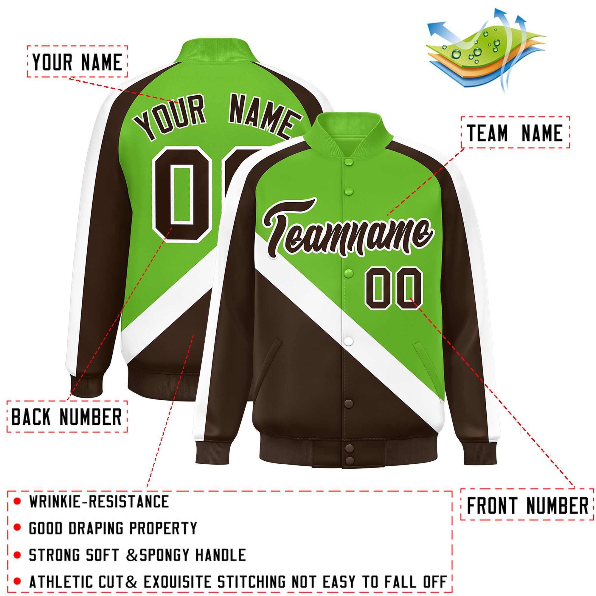 Custom Green Brown Raglan Sleeves Varsity Full-Snap Letterman Baseball Jacket