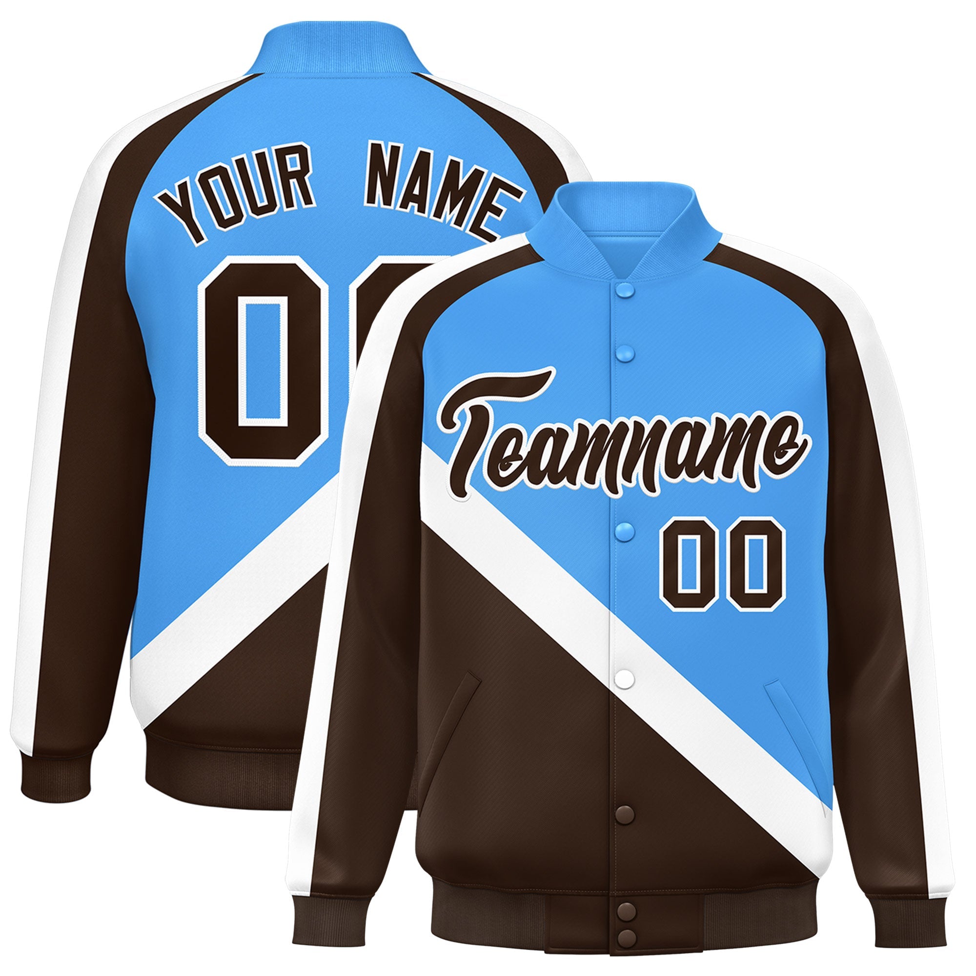 Custom Powder Blue Brown Raglan Sleeves Varsity Full-Snap Letterman Baseball Jacket