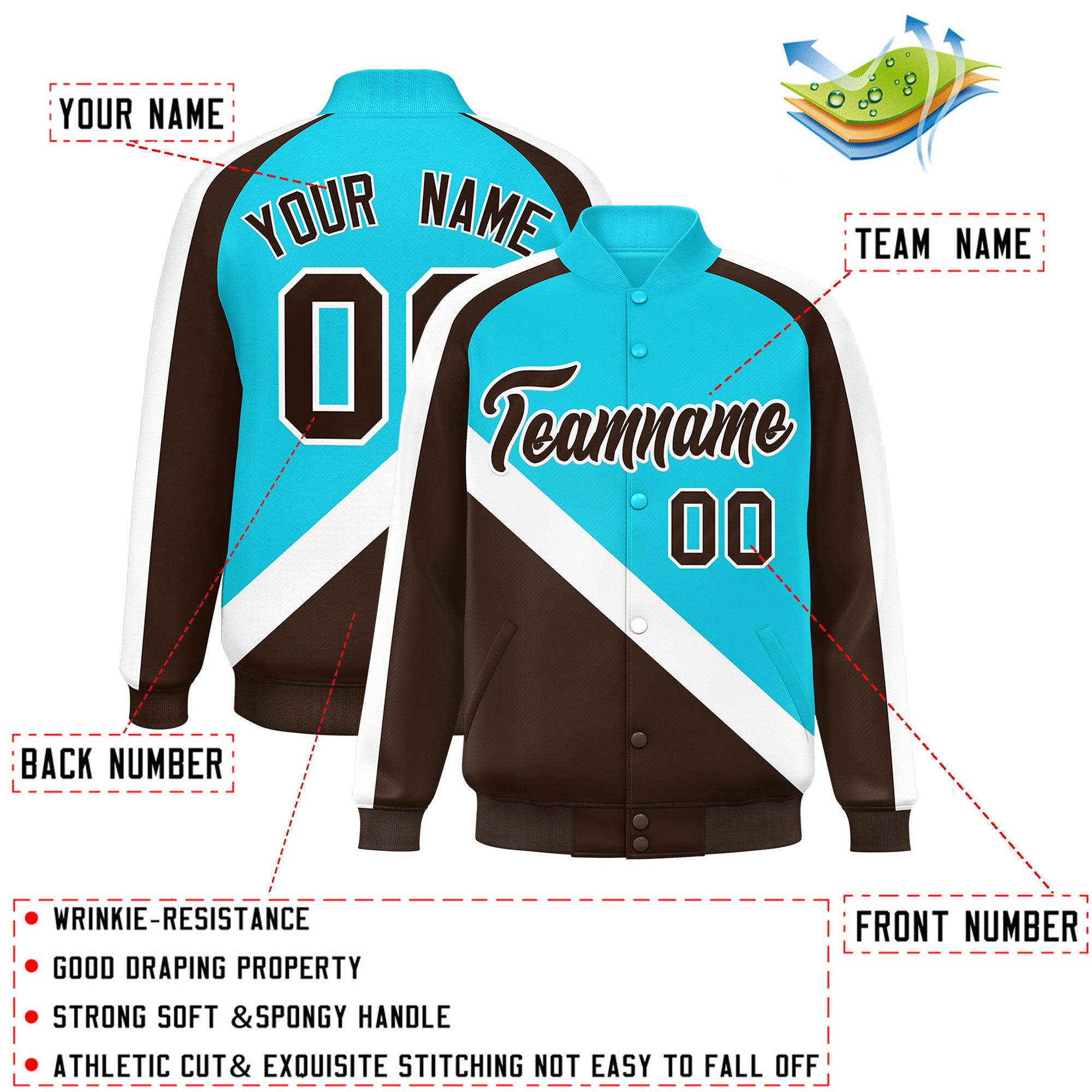 Custom Sky Blue Brown Raglan Sleeves Varsity Full-Snap Letterman Baseball Jacket