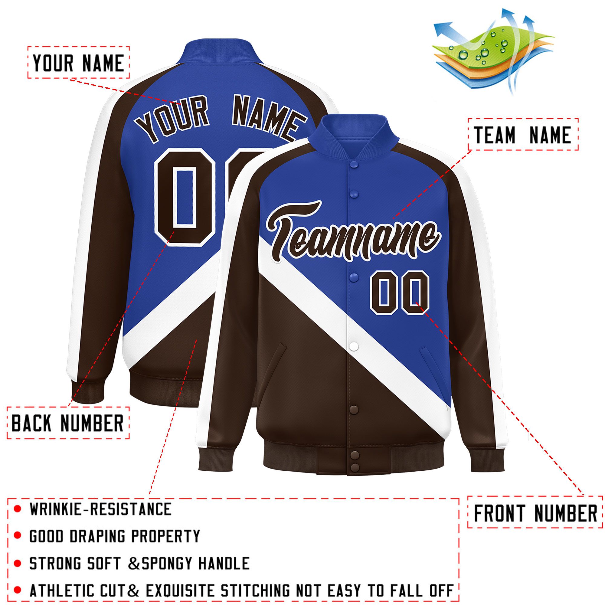 Custom Royal Brown Raglan Sleeves Varsity Full-Snap Letterman Baseball Jacket