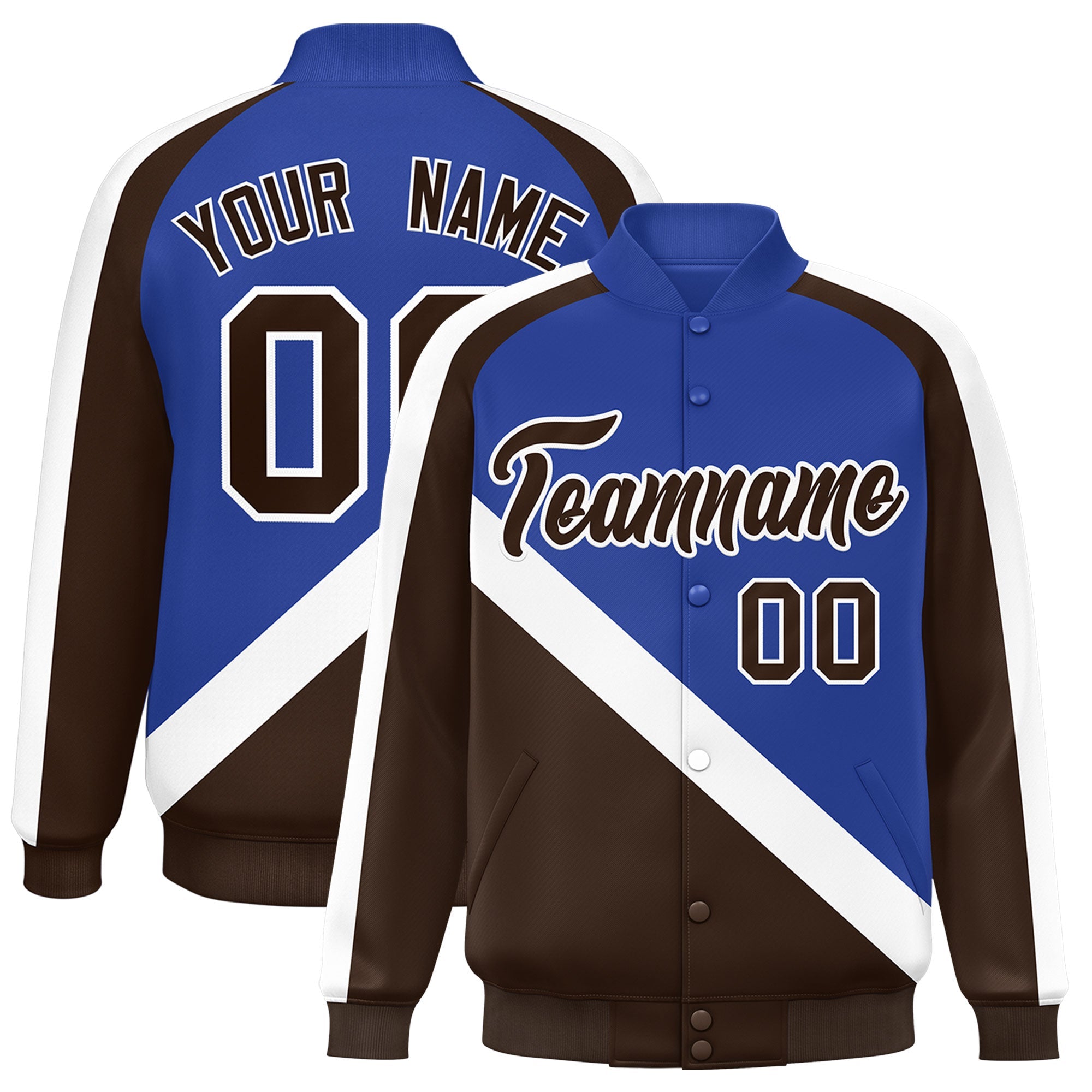 Custom Royal Brown Raglan Sleeves Varsity Full-Snap Letterman Baseball Jacket