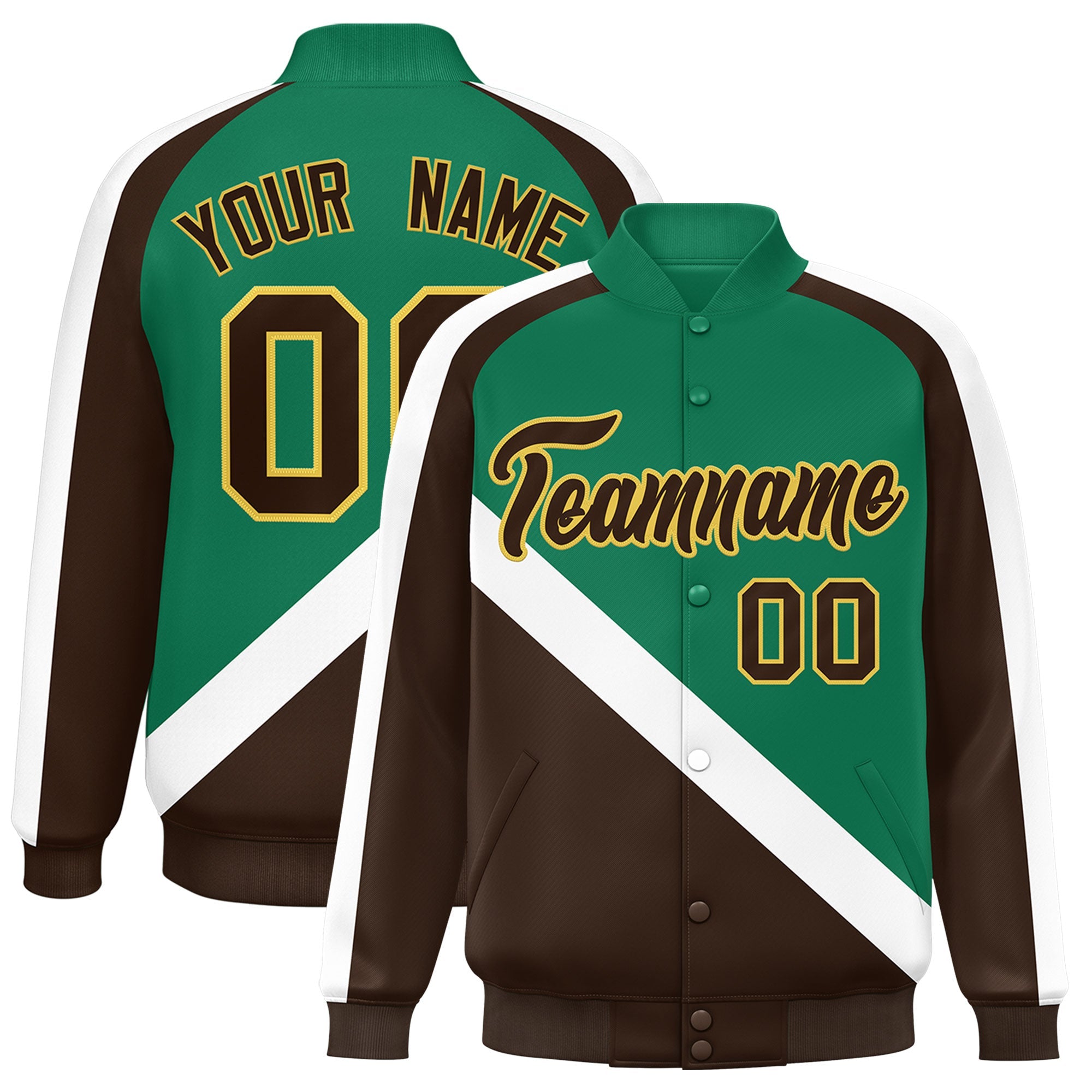 Custom Kelly Green Brown Raglan Sleeves Varsity Full-Snap Letterman Baseball Jacket