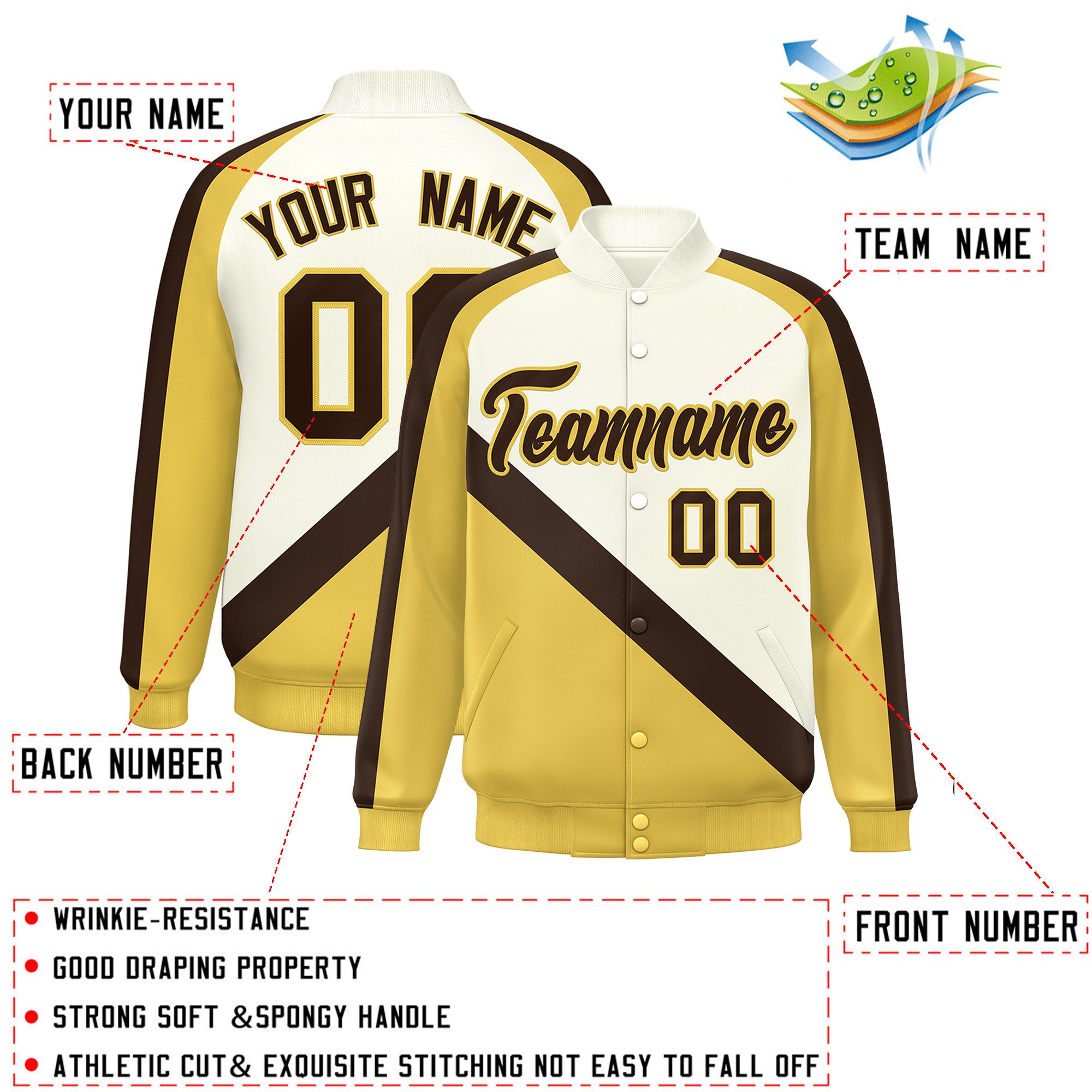 Custom Cream Khaki Raglan Sleeves Varsity Full-Snap Letterman Baseball Jacket