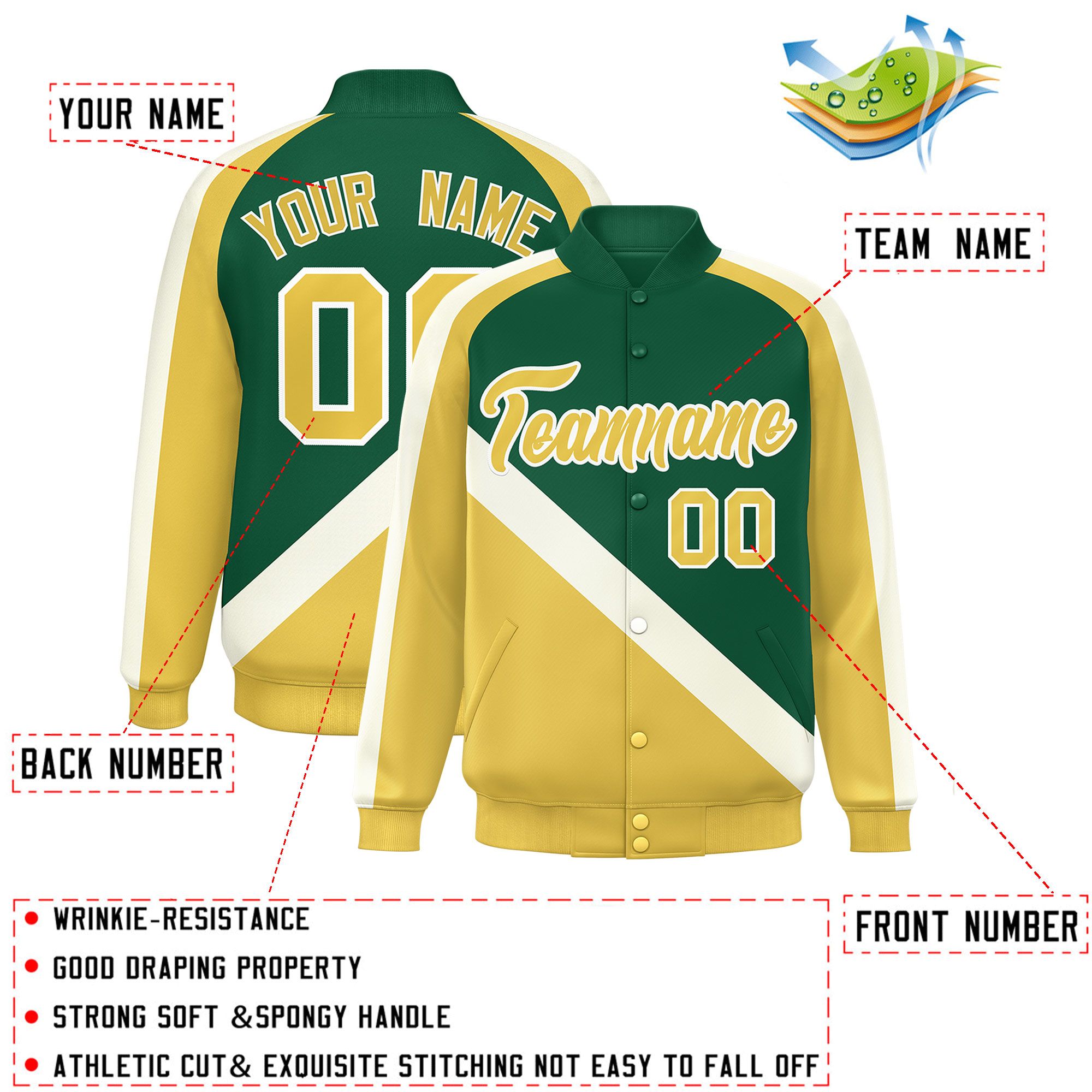 Custom Green Khaki Raglan Sleeves Varsity Full-Snap Letterman Baseball Jacket