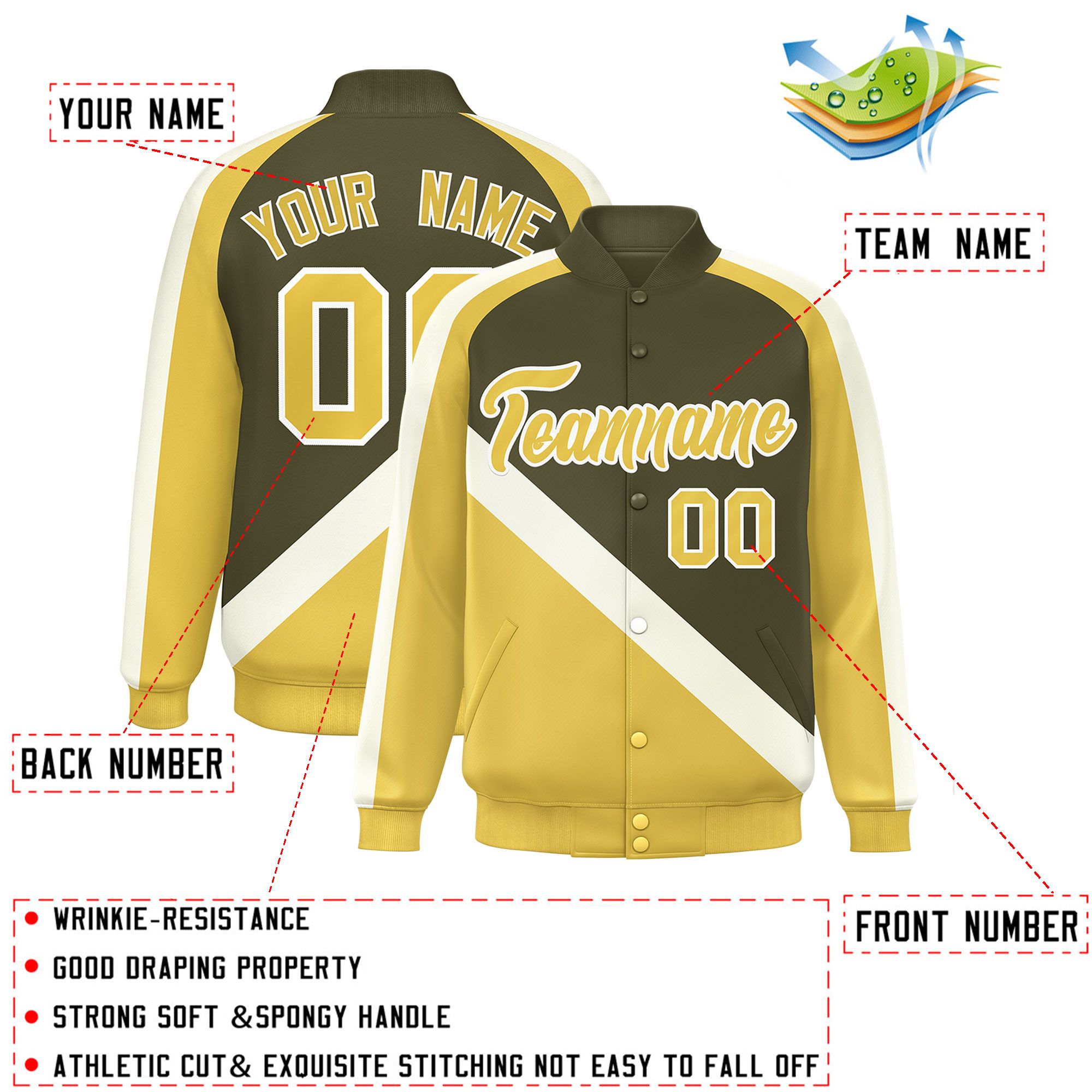 Custom Olive Khaki Raglan Sleeves Varsity Full-Snap Letterman Baseball Jacket