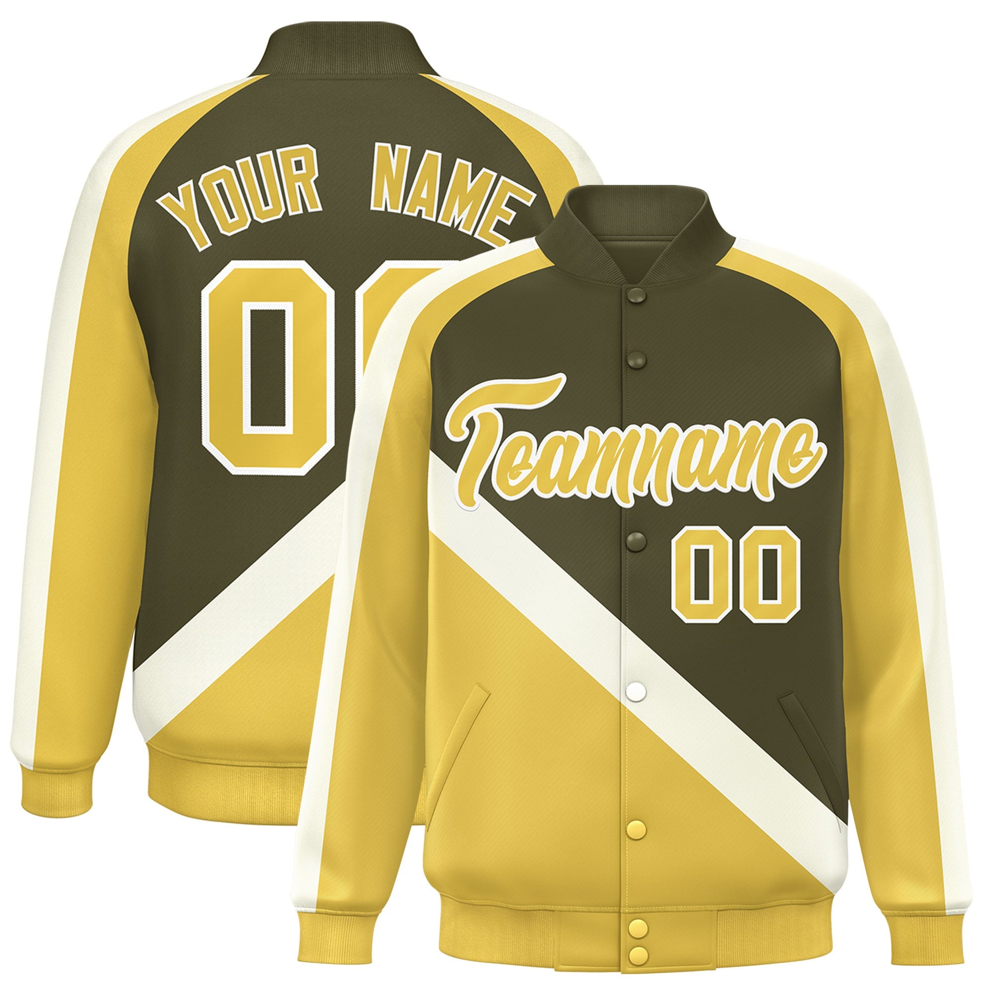 Custom Olive Khaki Raglan Sleeves Varsity Full-Snap Letterman Baseball Jacket