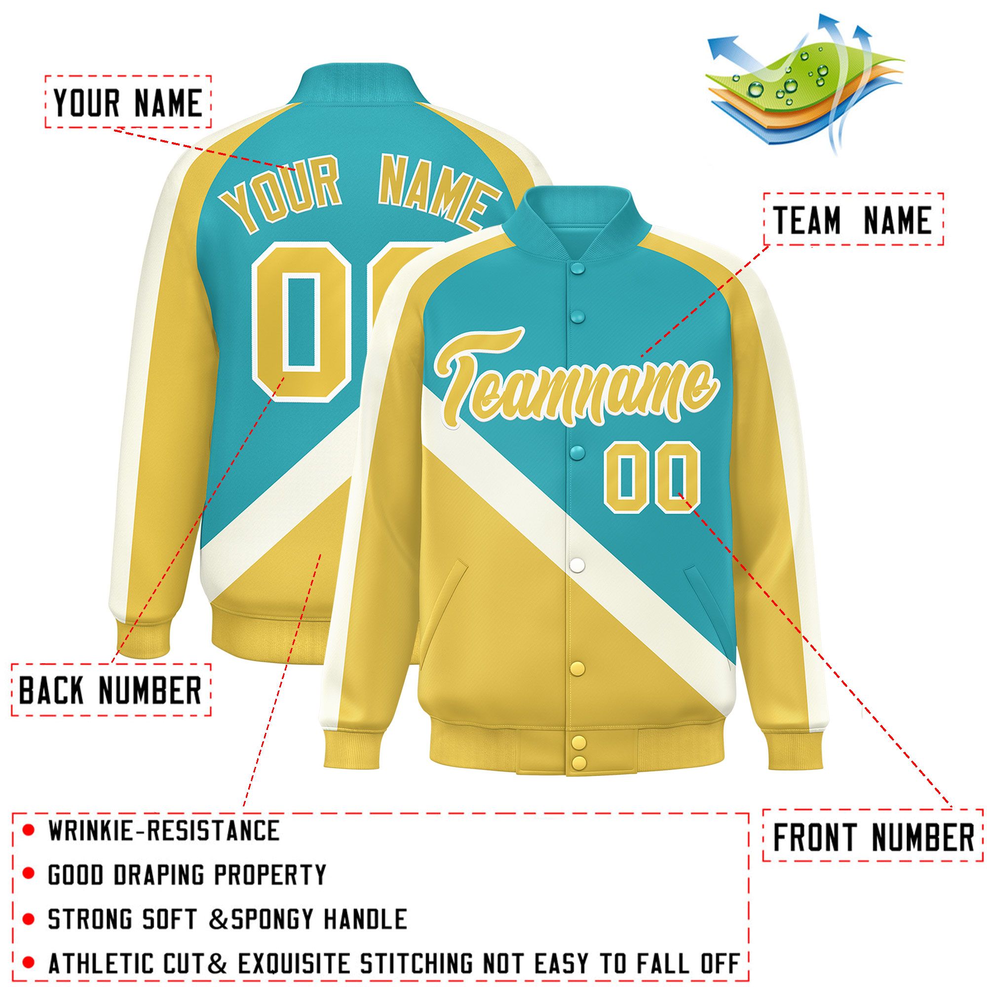 Custom Aqua Khaki Raglan Sleeves Varsity Full-Snap Letterman Baseball Jacket