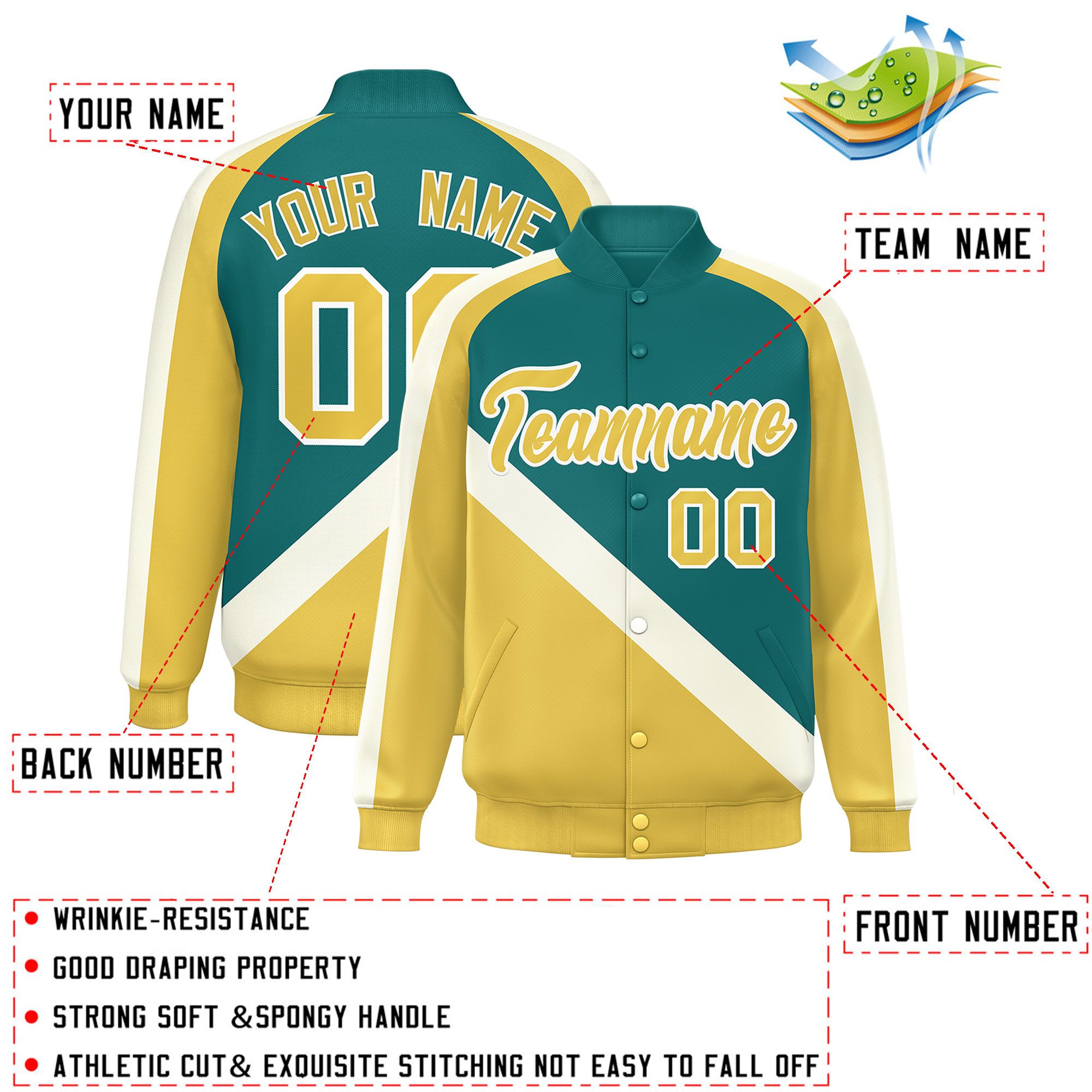 Custom Aqua Khaki Raglan Sleeves Varsity Full-Snap Letterman Baseball Jacket