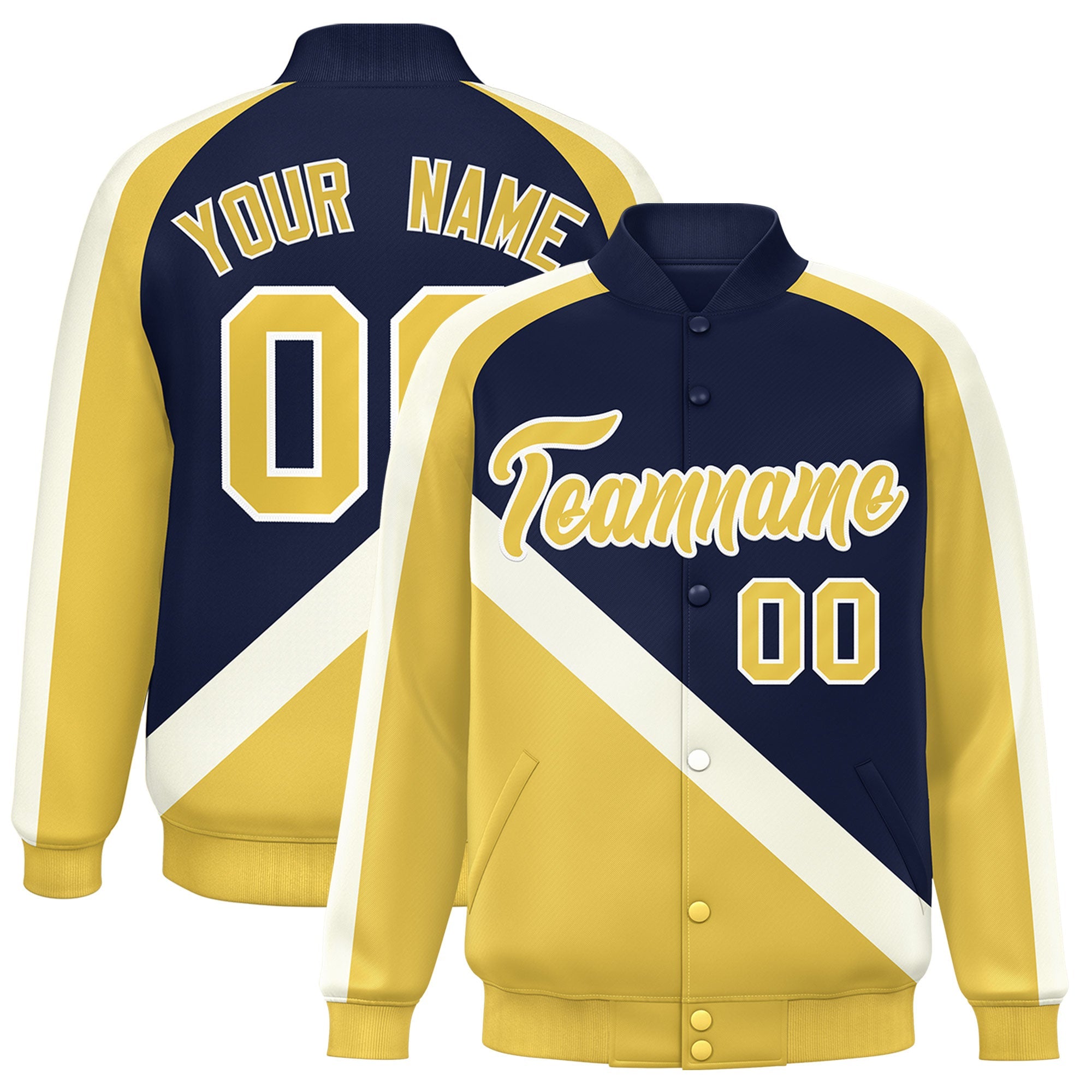 Custom Navy Khaki Raglan Sleeves Varsity Full-Snap Letterman Baseball Jacket