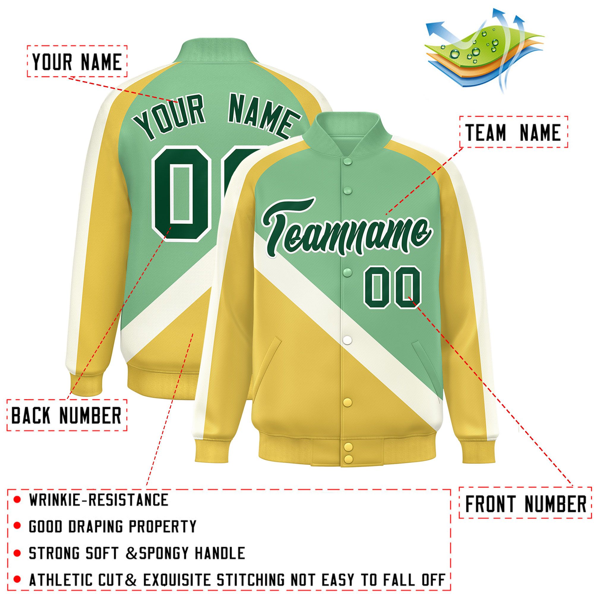 Custom Green Khaki Raglan Sleeves Varsity Full-Snap Letterman Baseball Jacket