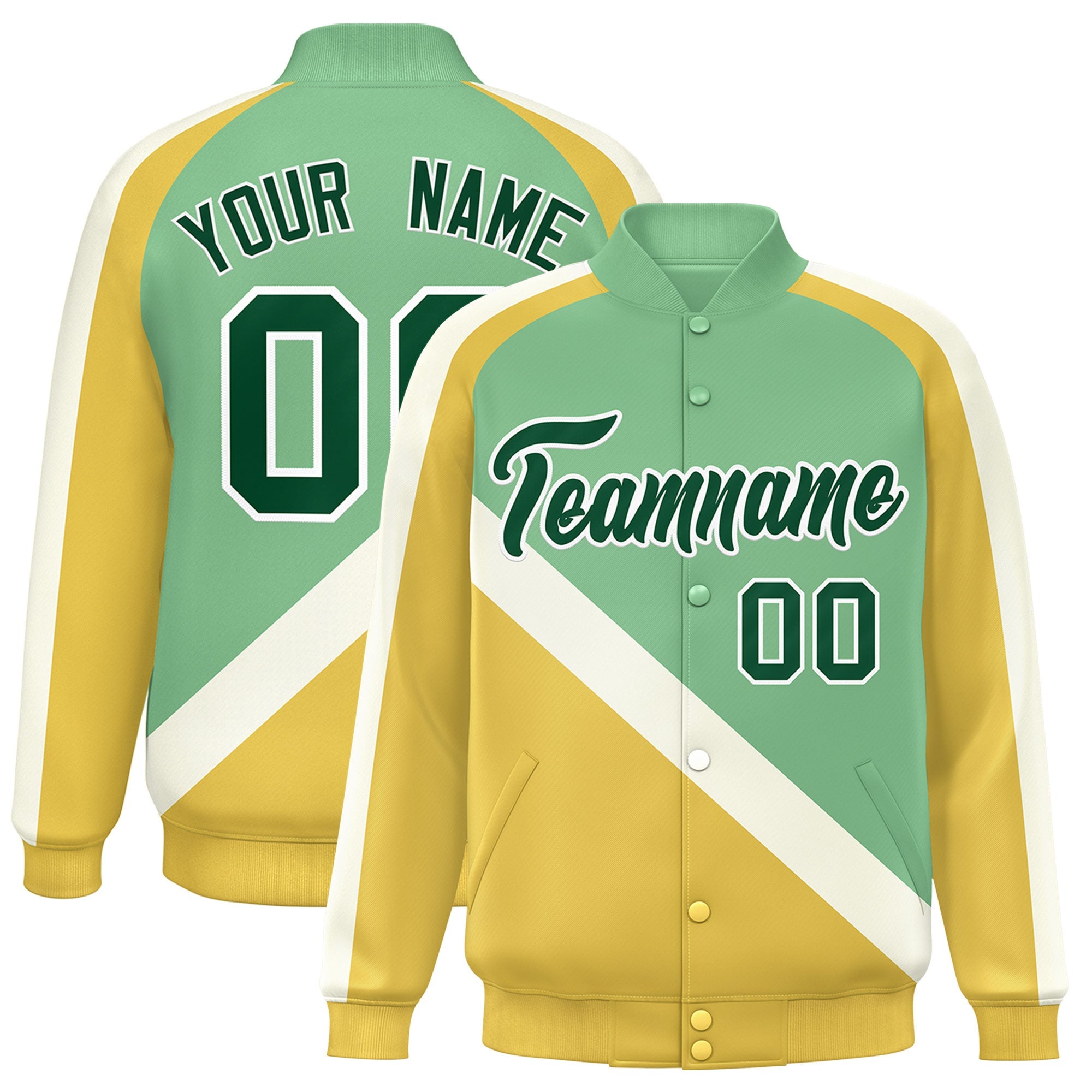 Custom Green Khaki Raglan Sleeves Varsity Full-Snap Letterman Baseball Jacket