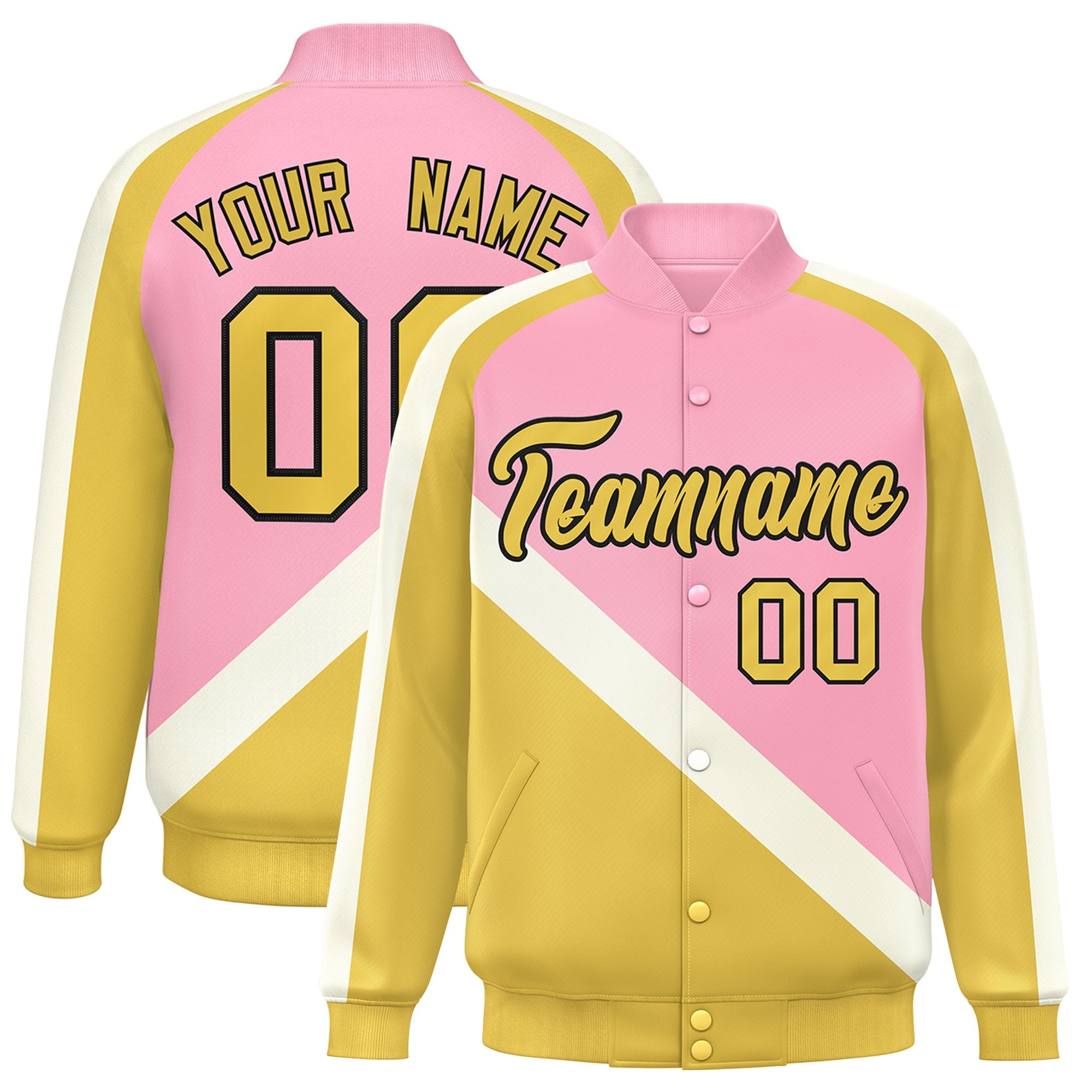 Custom Light Pink Khaki Raglan Sleeves Varsity Full-Snap Letterman Baseball Jacket